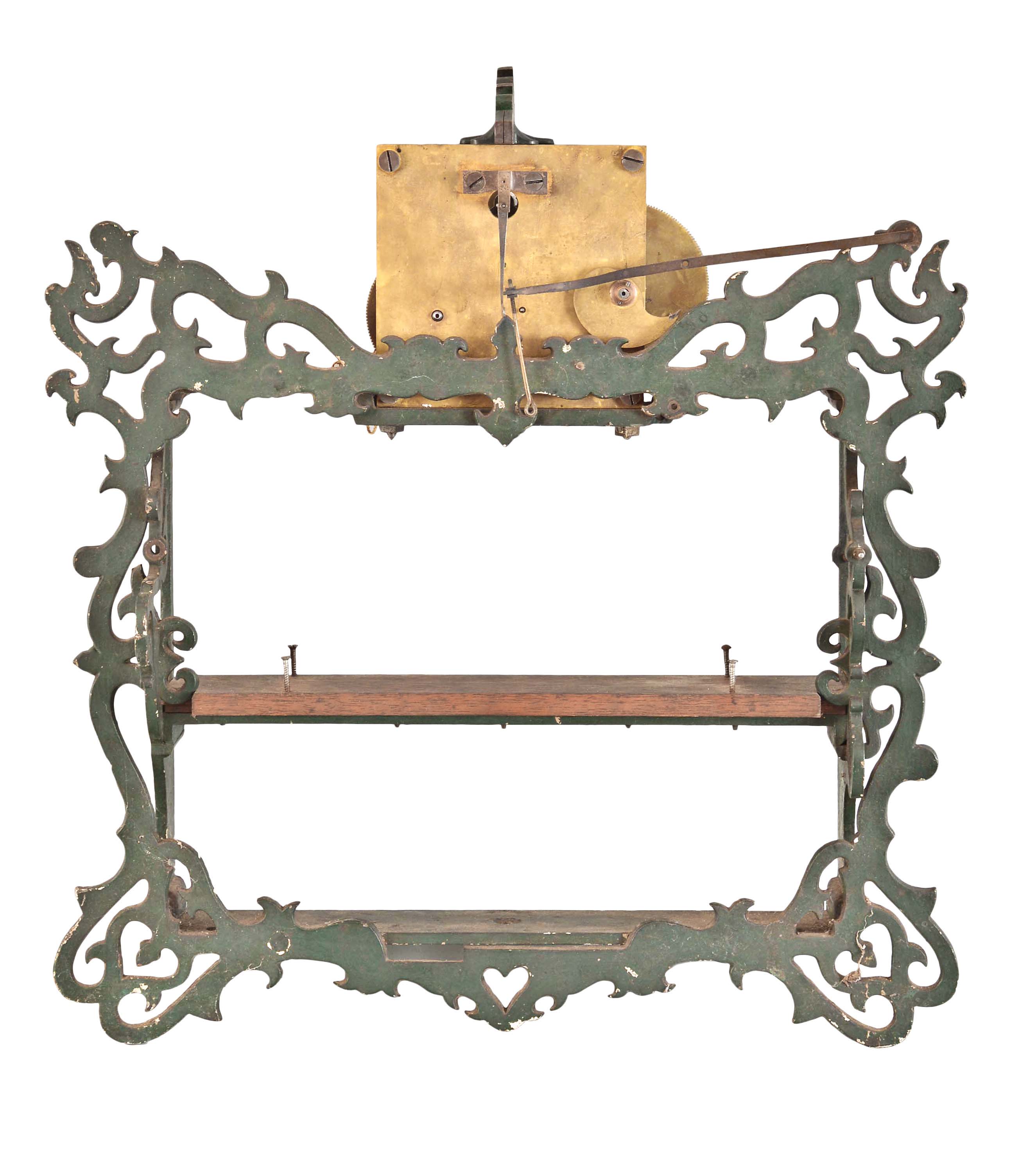 Huntington and Platts, Ithaca, New York (attribution), partial calendar clock, green painted cast iron frame, movement and reverse painted glass dial. — Antique Clocks Price Guide