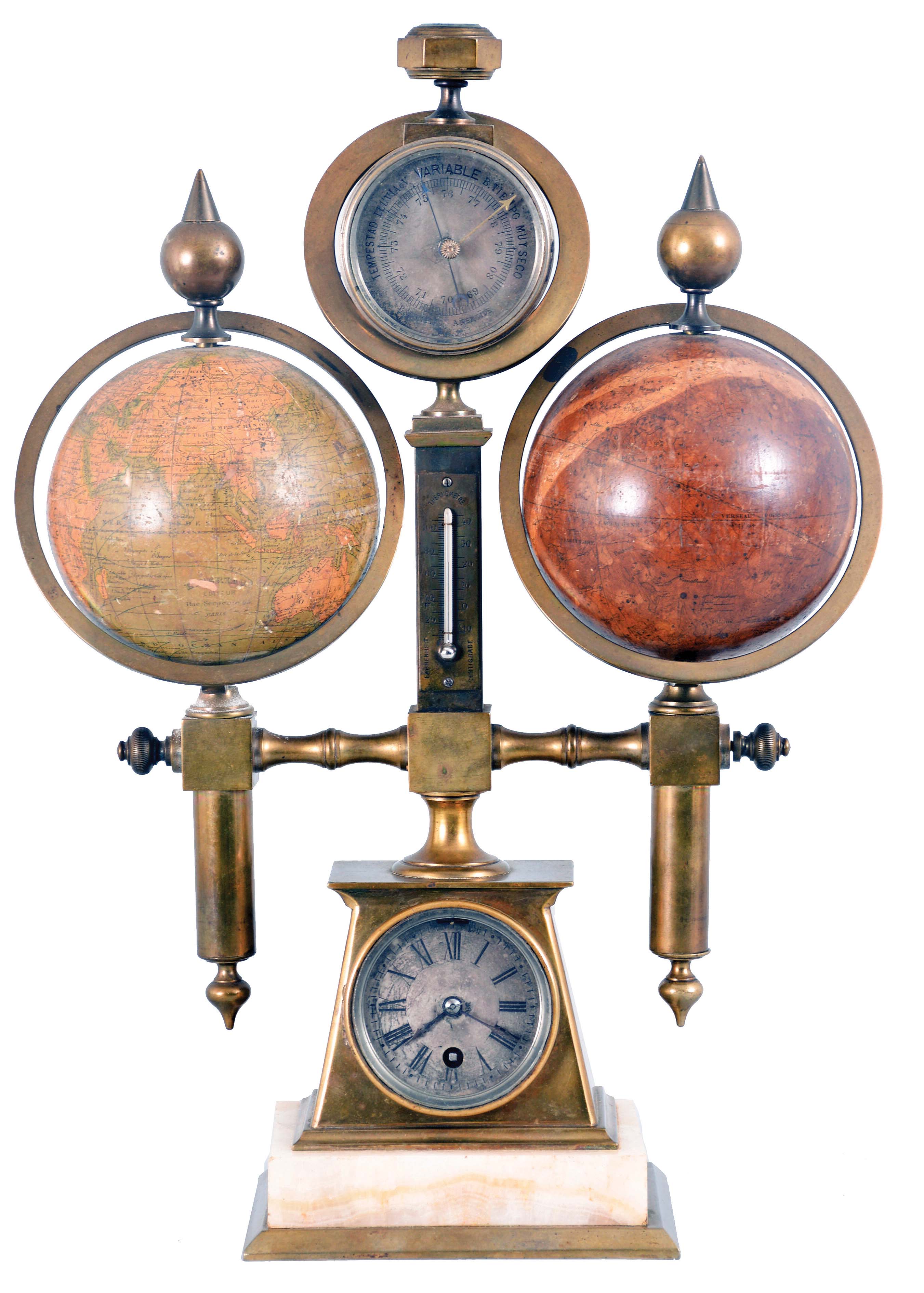 France, an unusual desk compendium, with celestial and terrestrial globes by Delamarche, the trapezoidal clock case on an onyx and brass base, supporting a central pilaster with thermometer, and surmounted by a barometer and compass, and with flanking, lithographed globes, signed "Delamarche Rue Serpente 25 Paris", Roman numeral silvered dial, blued steel distaff hands, 8 day timepiece movement with cylinder platform — Antique Clocks Price Guide