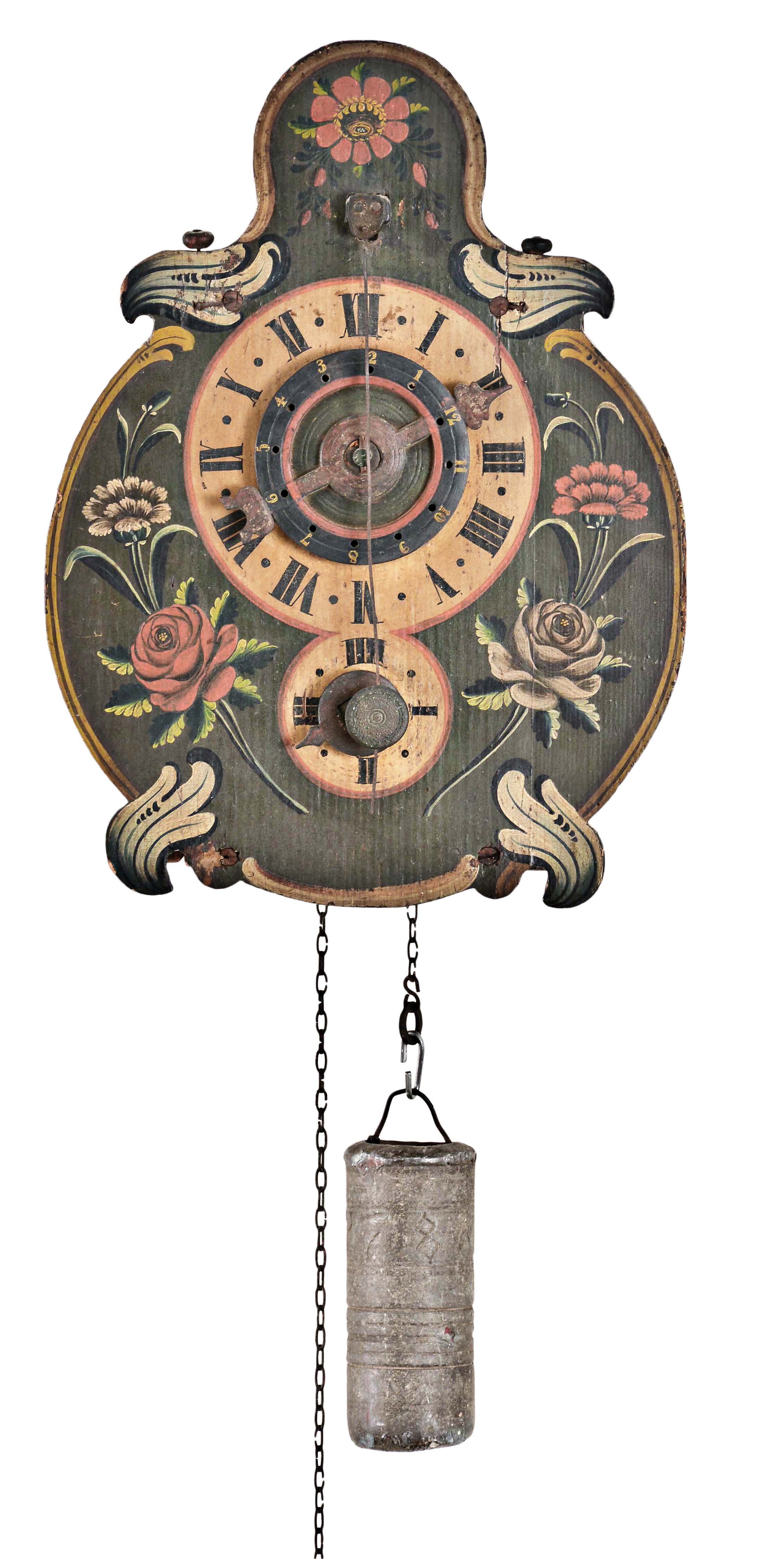 Toggenburg region, Switzerland, attributed to the Buehler family of clockmakers, a hanging 12 hour alarm timepiece, wooden dial with polychrome painted ornament and cow tail pendulum, the hour displayed on the upper chapter, and with quarter indication below, movement with wooden wheels, plates, and verge escapement, and lead weight, dated 1786 — Antique Clocks Price Guide