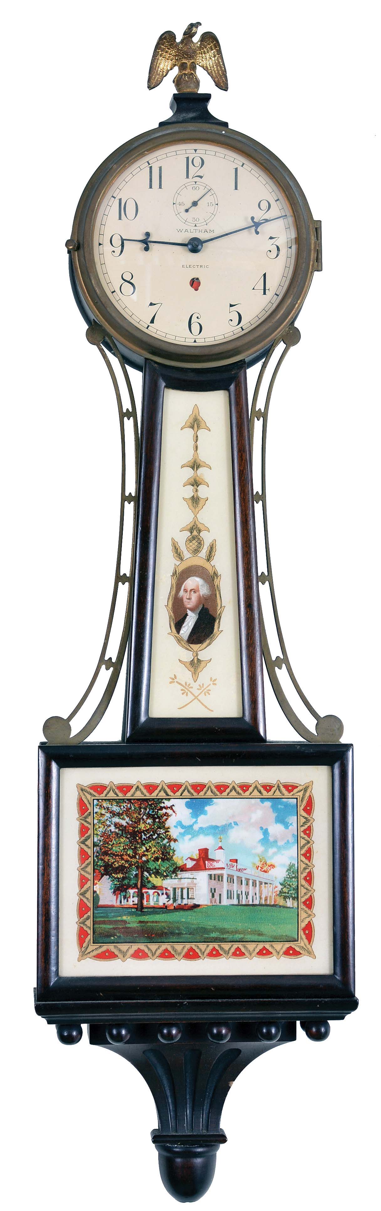 Clocks- 2 (Two) Wall Hanging Electric: (1) Image Time Inc., Perryopolis, Penn., Yuengling beer advertising clock, plug-in electric with continuous sweep seconds, 15 inch dial surrounded by white neon in a red metal case; (2) Waltham Watch Co., Waltham, Mass., miniature banjo clock, plug-in electric with tablets featuring George Washington and Mt. Vernon. — Antique Clocks Price Guide