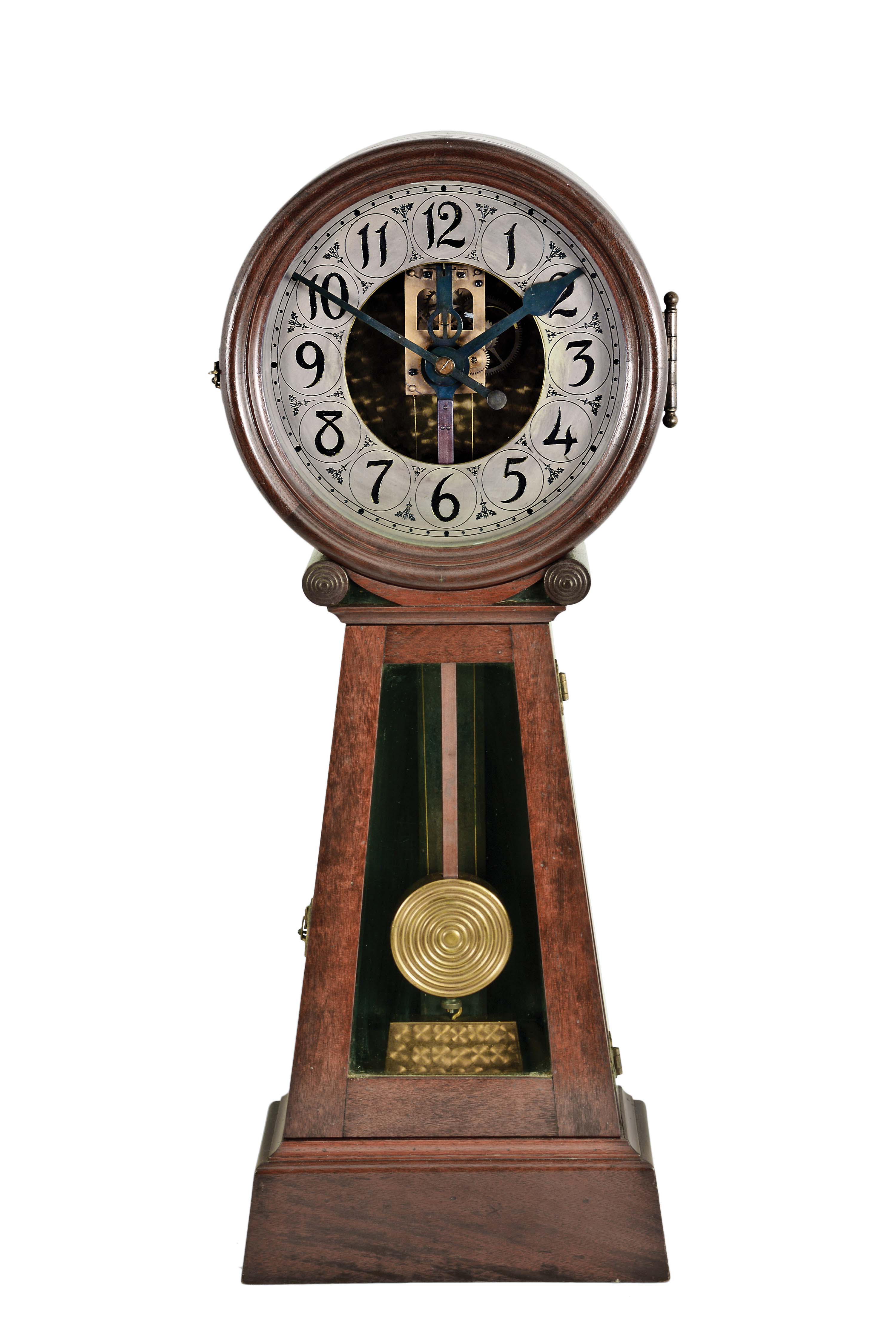 James Arthur, New York, New York, banjo style shelf clock, 8 day, time only, weight driven movement in a substantial and well made mahogany case, the silvered metal dial with skeletonized center, heavy brass pendulum bob with turned concentric convex rings, and damascened weight — Antique Clocks Price Guide