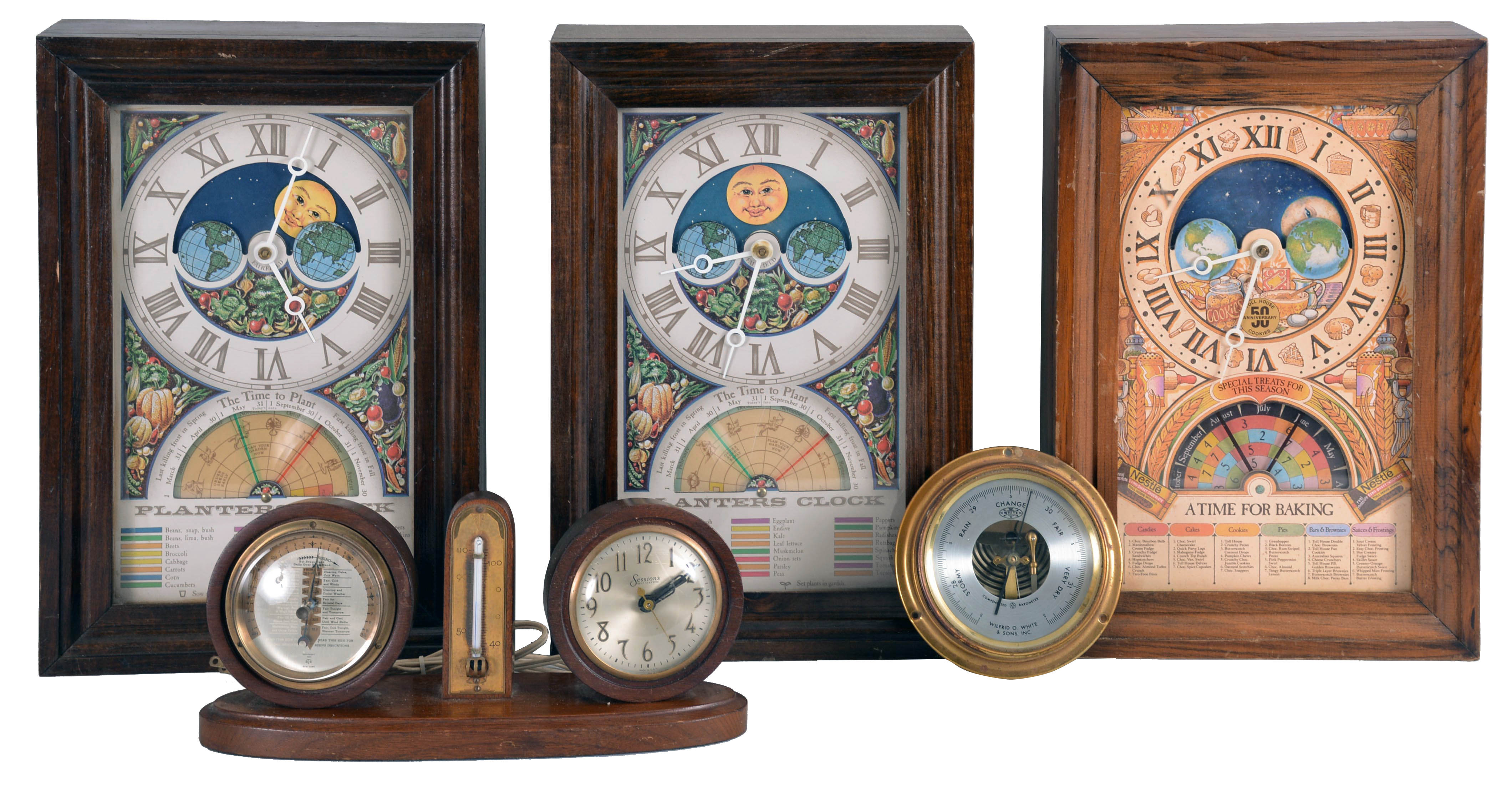 Clocks- 4 (Four) and 1 (One) Barometer and 1 (One) gimbaled compass: three plug-in electric almanac clocks, two with planting information and one with baking information; desktop weather station with electric clock, thermometer and barometer; Wilfred O. White & Sons, Inc aneroid barometer; and a Baker Compass Co., Melrose, Mass., compass — Antique Clocks Price Guide