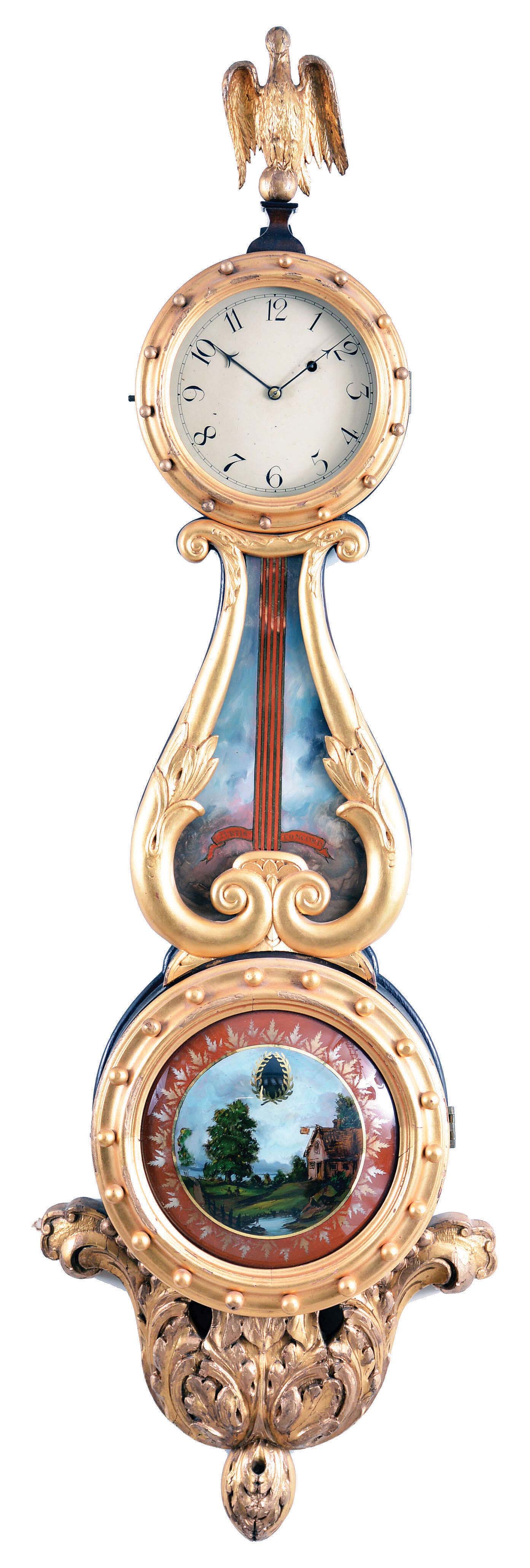 Bench-made mahogany girandole clock, marked "L. Curtis/Concord", with gilt wooden bezel, painted iron arabic numeral dial, the waist section of lyre form, framing the reverse-painted glass inscribed "L. Curtis Concord" and with simulated lyre strings, in gold against a red background, the convex lower glass with stenciled leaves on a red ground with a peaceful country scene and pendulum aperture in gold, all enclosed in a turned gilded frame with gilt balls, the case bottom with carved acanthus leaf pedestal, the early 19th century eight day time only brass movement powered by a lead weight and regulated by a brass-faced pendulum bob and iron rod. — Antique Clocks Price Guide
