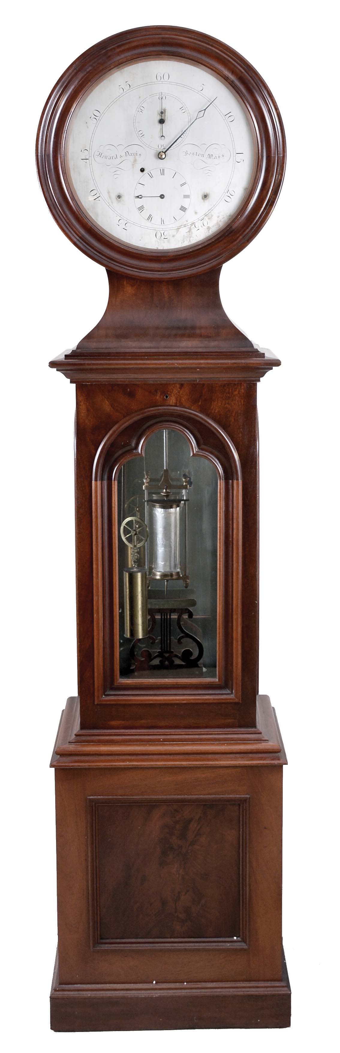 Reproduction Howard & Davis standing astronomical regulator, variant of "Regulator No. 23", 8 day, time only brass weight driven movement with a compensated, one jar mercury pendulum, in a well made drum head mahogany case with Gothic molded door and two similar side lights, silvered astronomical dial is signed "Howard & Davis, Boston, Mass." — Antique Clocks Price Guide