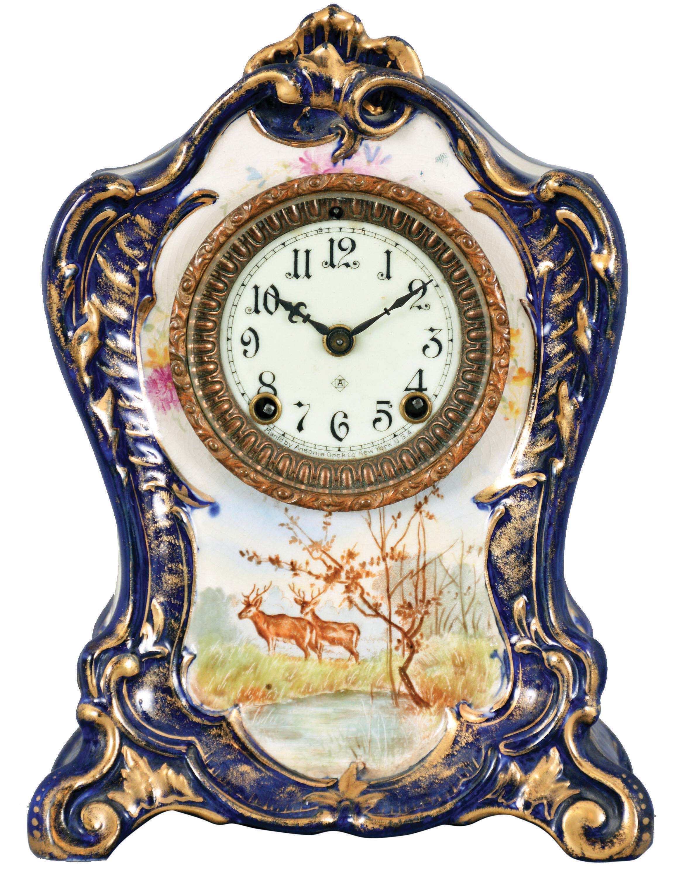 Clocks- 2 (Two) American shelf: (1) Ansonia Clock Co., New York, "La Pau", 8 day, time and strike, spring brass movement porcelain mantel clock; (2) Jennings Brothers. Bridgeport, Conn., crystal regulator, 8 day, time and strike, spring driven movement with visible Brocot escapement in a cast brass and glass case with porcelain dial. — Antique Clocks Price Guide