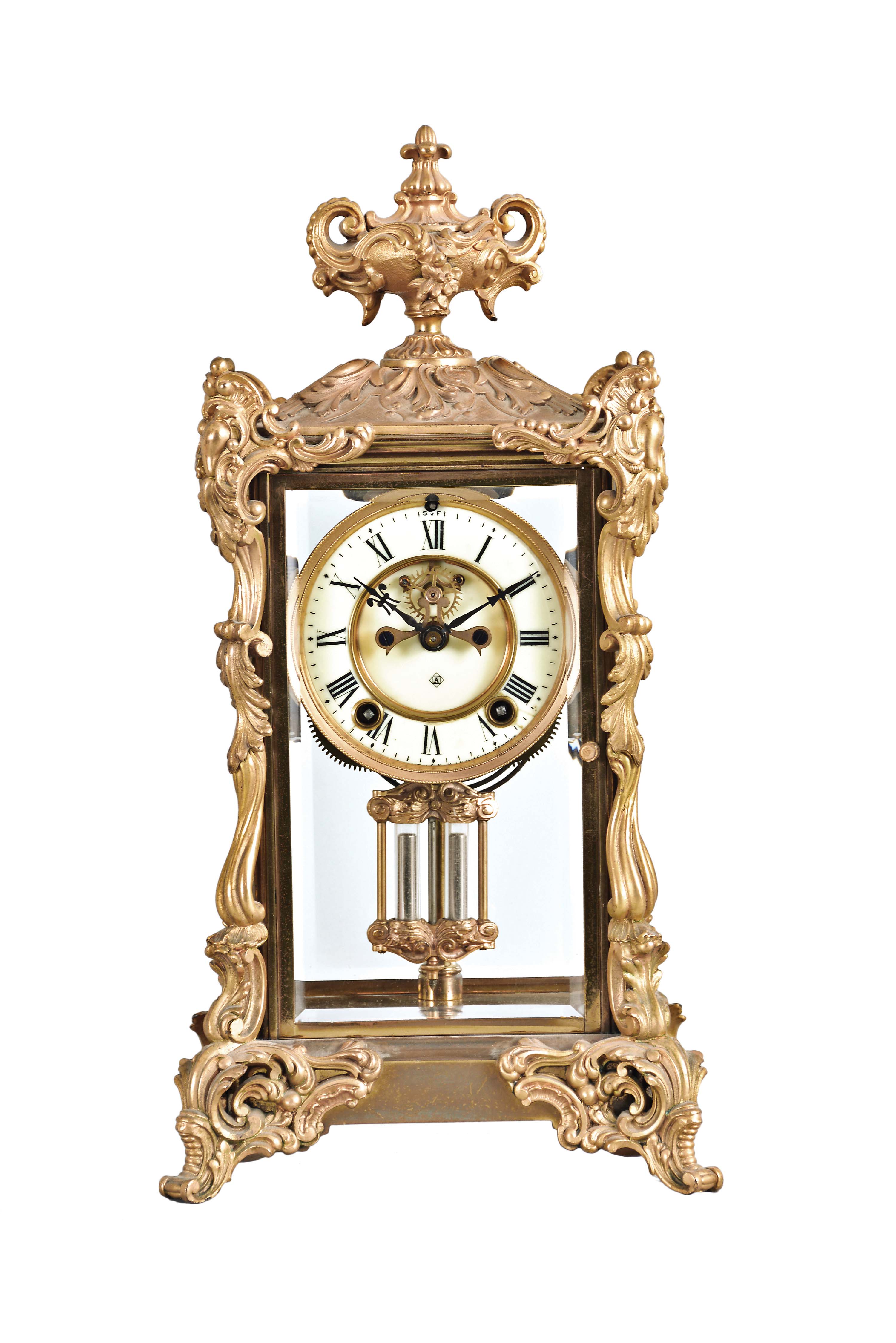 Ansonia Clock Co., New York, "Viscount", 8 day, time and strike, spring brass movement crystal regulator mantel clock. — Antique Clocks Price Guide
