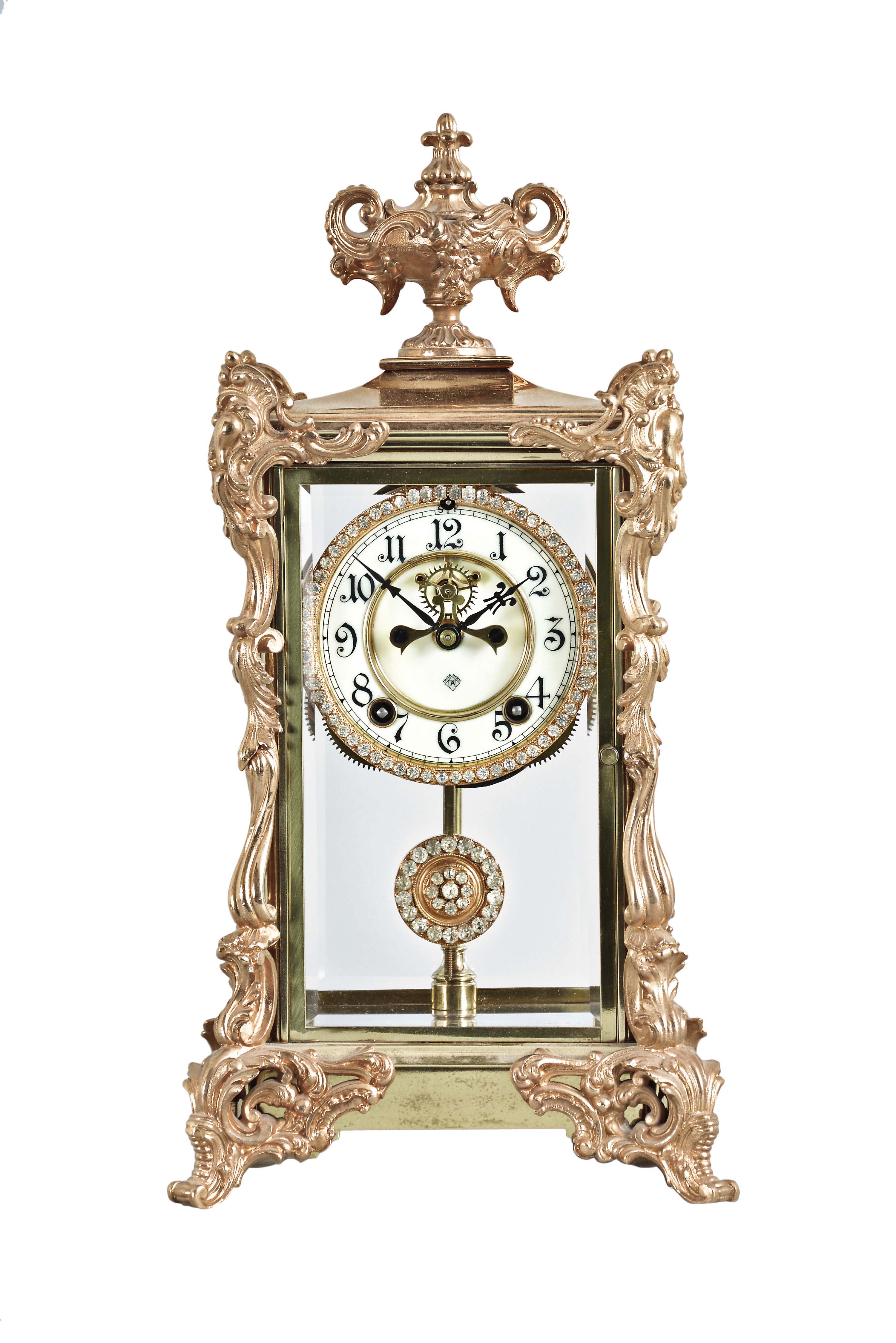 Ansonia Clock Co., New York, "Viceroy", 8 day, time and strike, spring brass movement with brilliant surround dial crystal regulator mantel clock. — Antique Clocks Price Guide