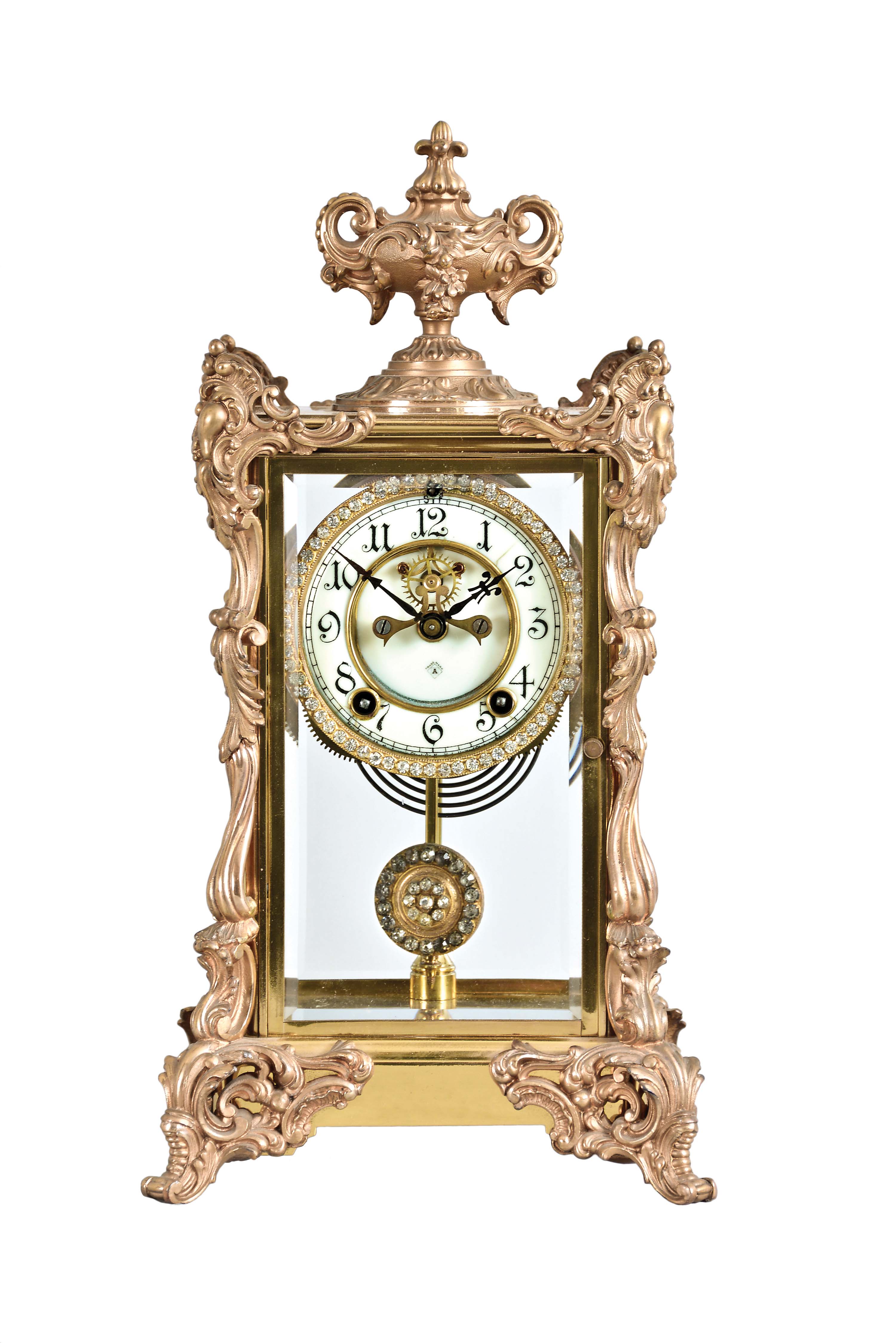 Ansonia Clock Co., New York, "Marchioness", 8 day, time and strike, spring brass movement with brilliant surround dial crystal regulator mantel clock. — Antique Clocks Price Guide