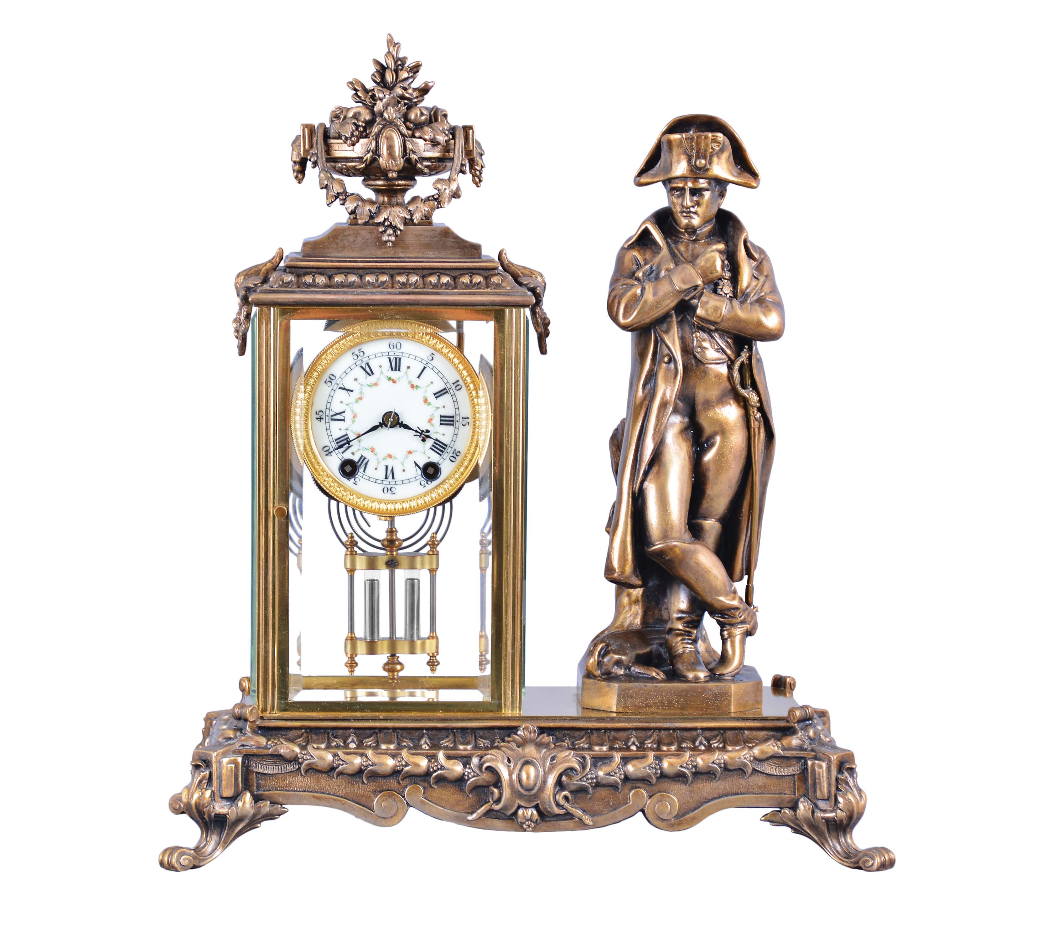 Seth Thomas Clock Co., Thomaston, Conn., "Emperor", 15 day, time and strike, spring brass movement crystal regulator mantel clock with figure of Napoleon. — Antique Clocks Price Guide
