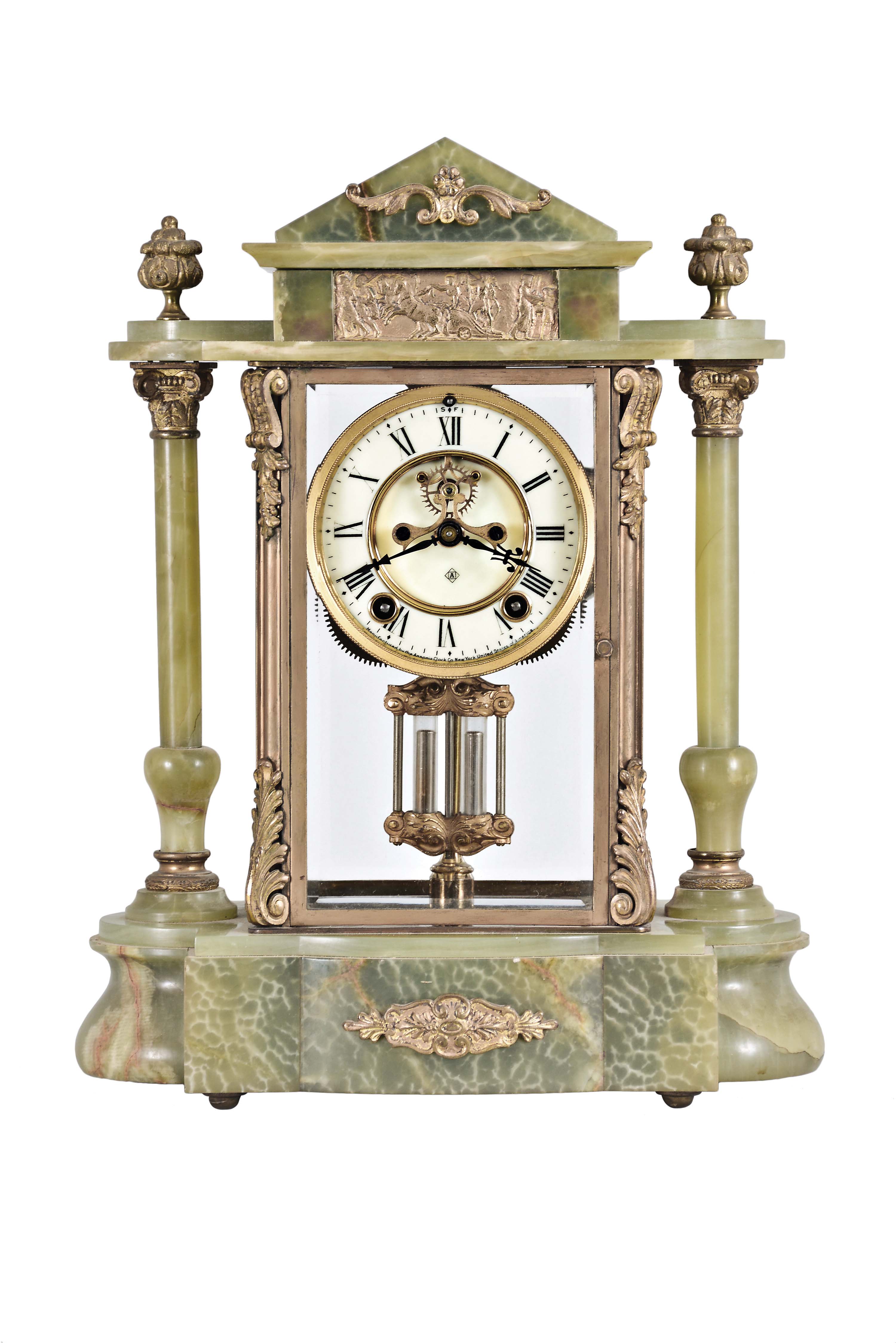 Ansonia Clock Co., New York, "Gonfalon", 8 day, time and strike, spring brass movement crystal regulator mantel clock. — Antique Clocks Price Guide