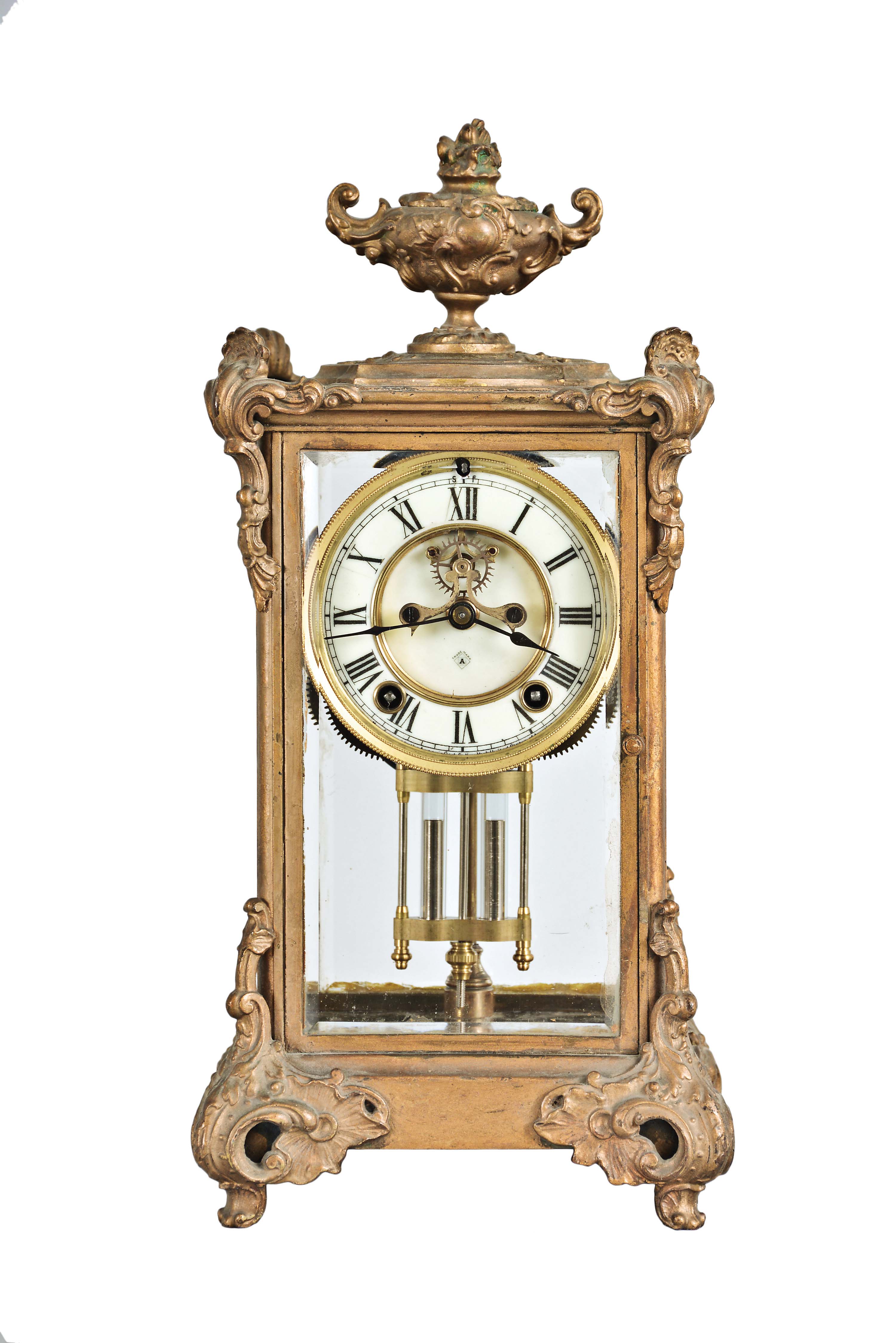 Ansonia Clock Co., New York, "Marquis", 8 day, time and strike, spring brass movement crystal regulator mantel clock. — Antique Clocks Price Guide