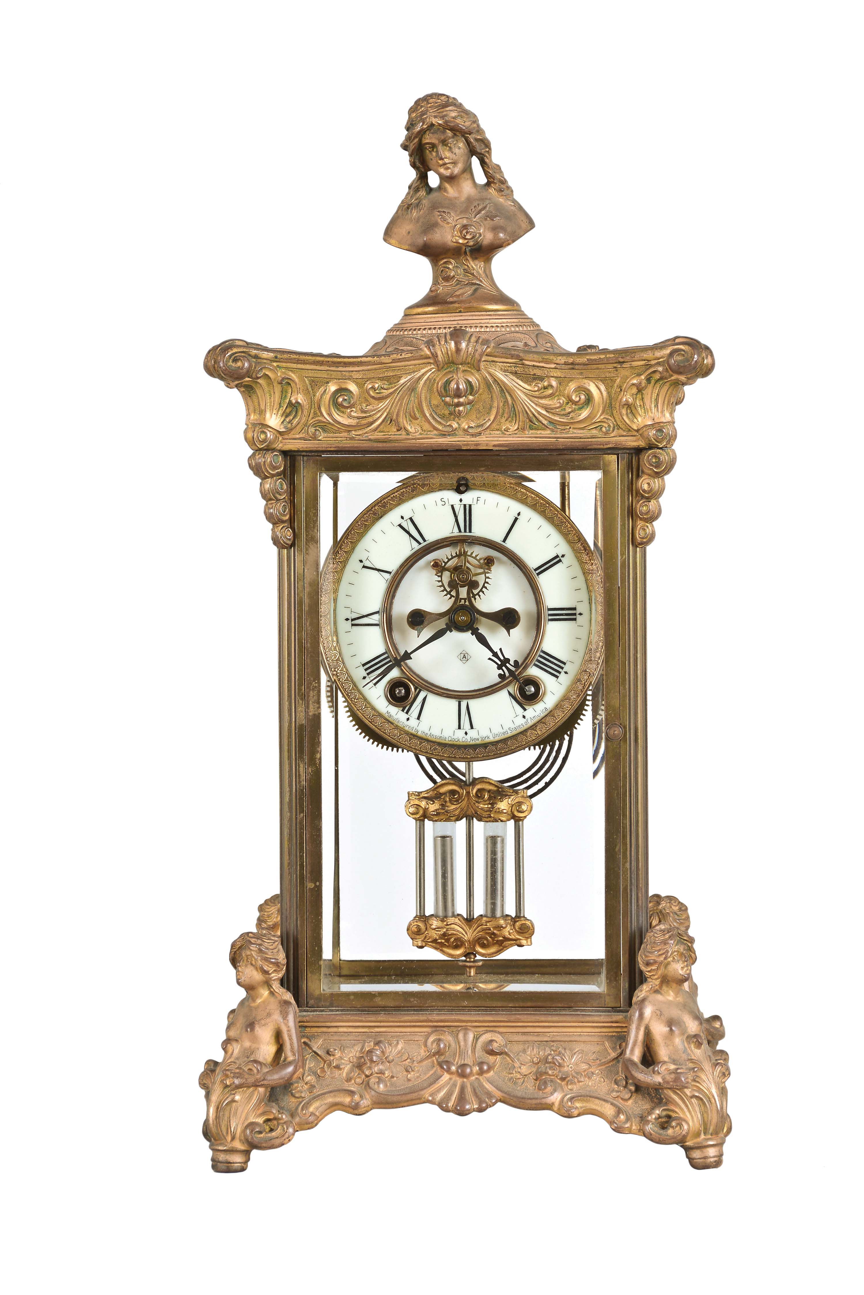 Ansonia Clock Co., New York, "Renaissance", day, time and strike, spring brass movement crystal regulator mantel clock. — Antique Clocks Price Guide