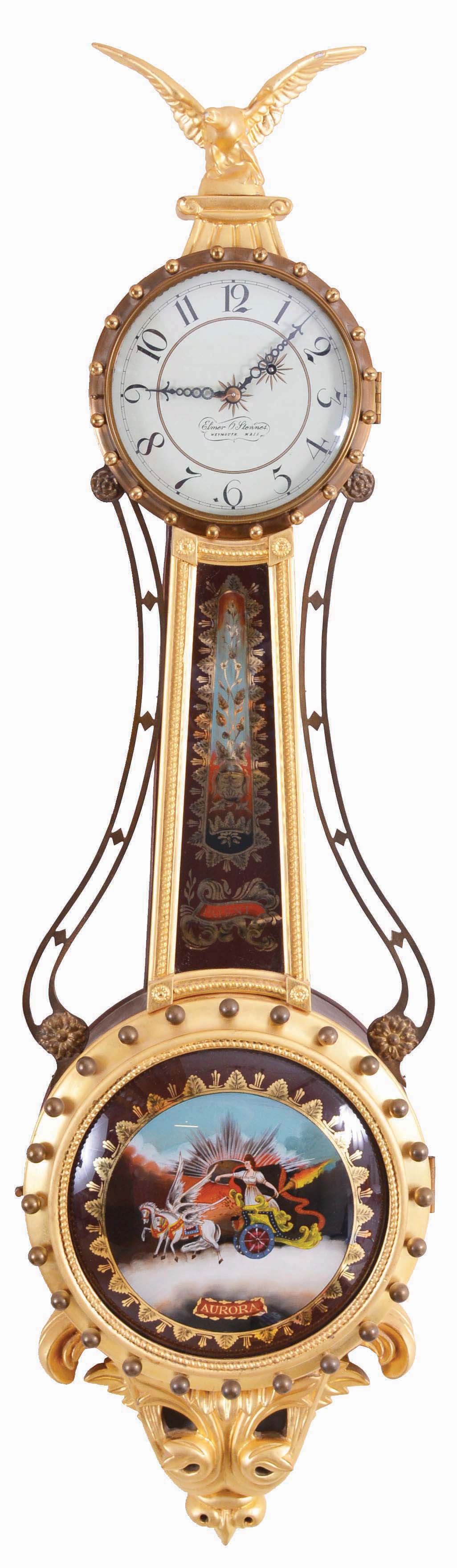 Elmer O. Stennes, Weymouth, Mass. girandole wall clock, 8 day, time only, weight driven Kilbourn & Proctor movement in a mahogany case with gold painted front and reverse painted throat and lower convex glass tablets, with painted aluminum dial — Antique Clocks Price Guide
