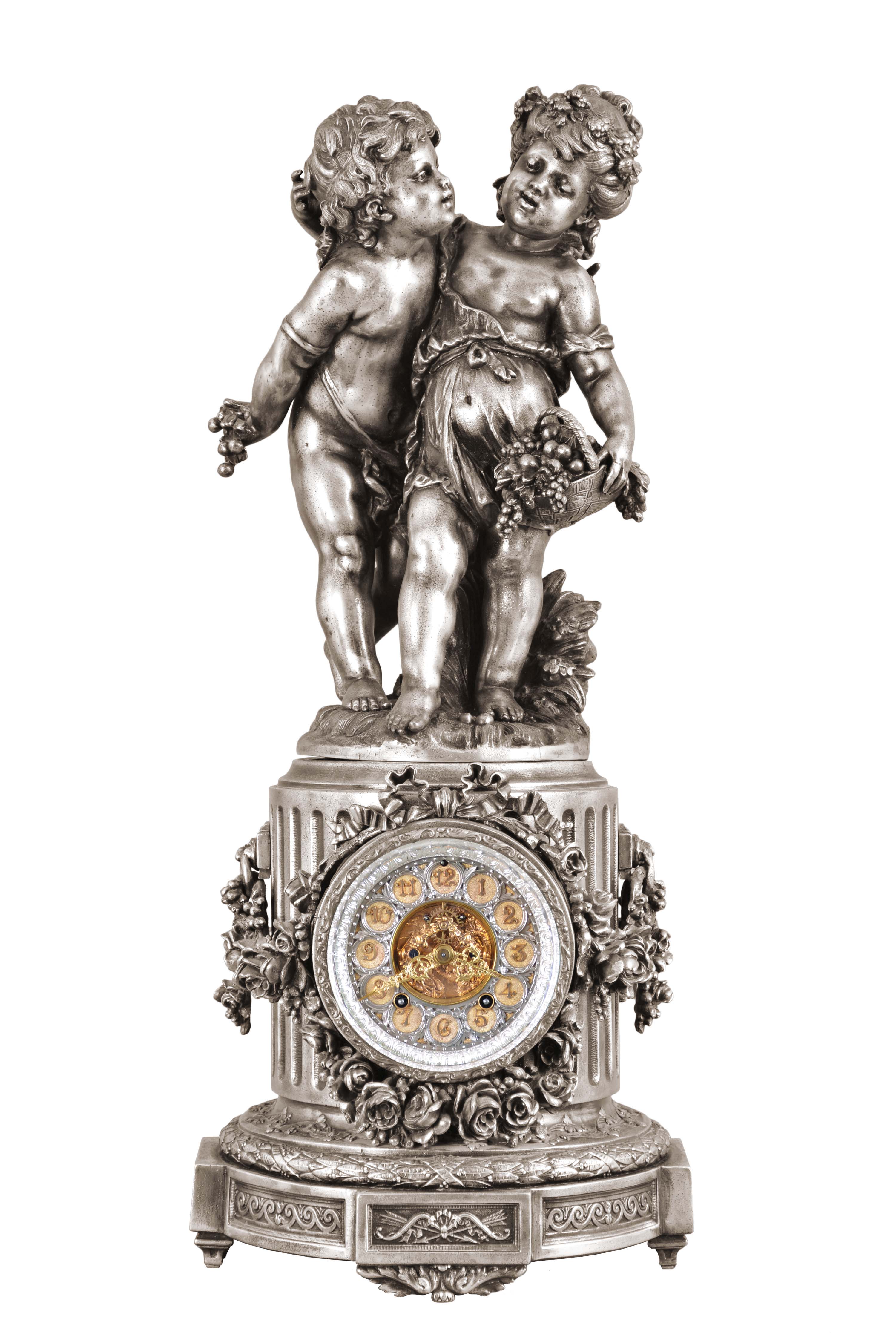 Ansonia Clock Co., New York, "Florida" base and figural "Group No. 1089" shelf clock, 8 day, time and strike, spring brass movement — Antique Clocks Price Guide