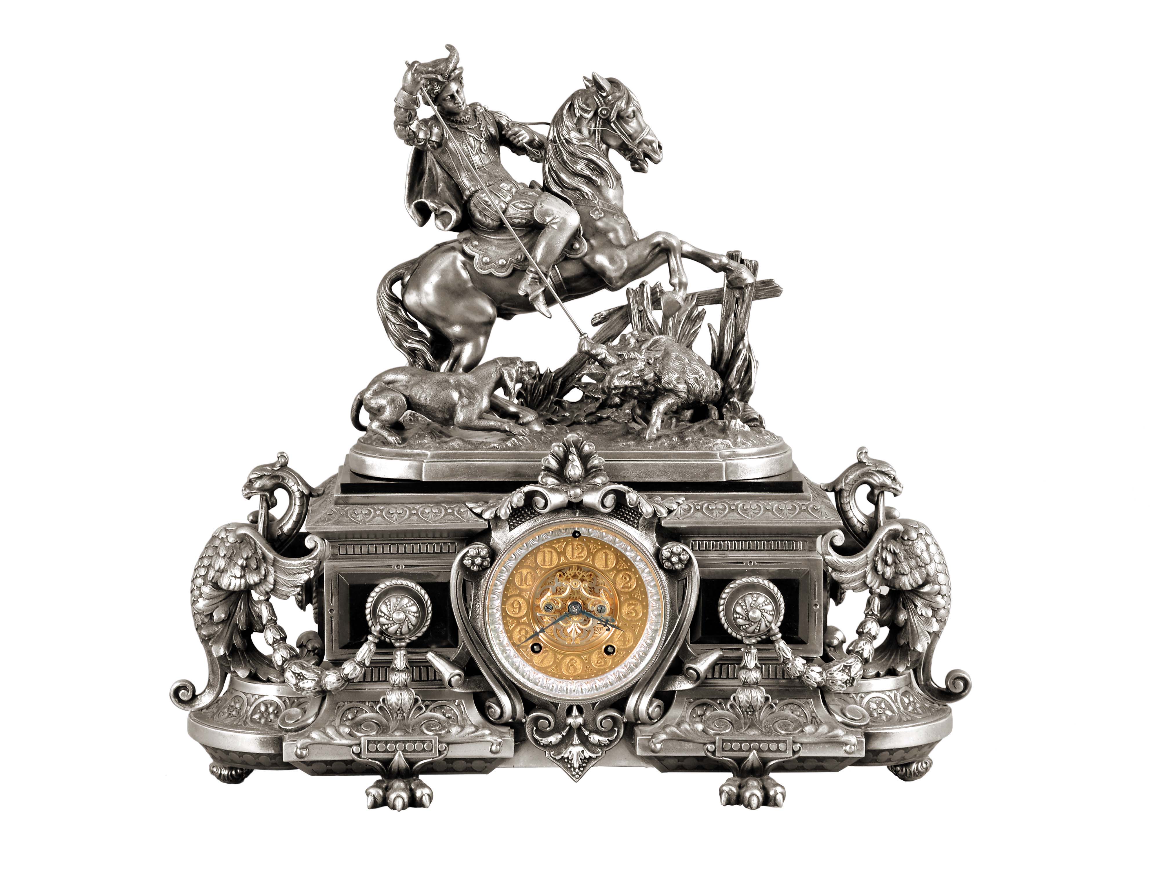 Ansonia Clock Co., New York, "Eureka and Group No. 1121 the Boar Hunter", 8 day, time and strike, spring brass movement mantel clock. — Antique Clocks Price Guide