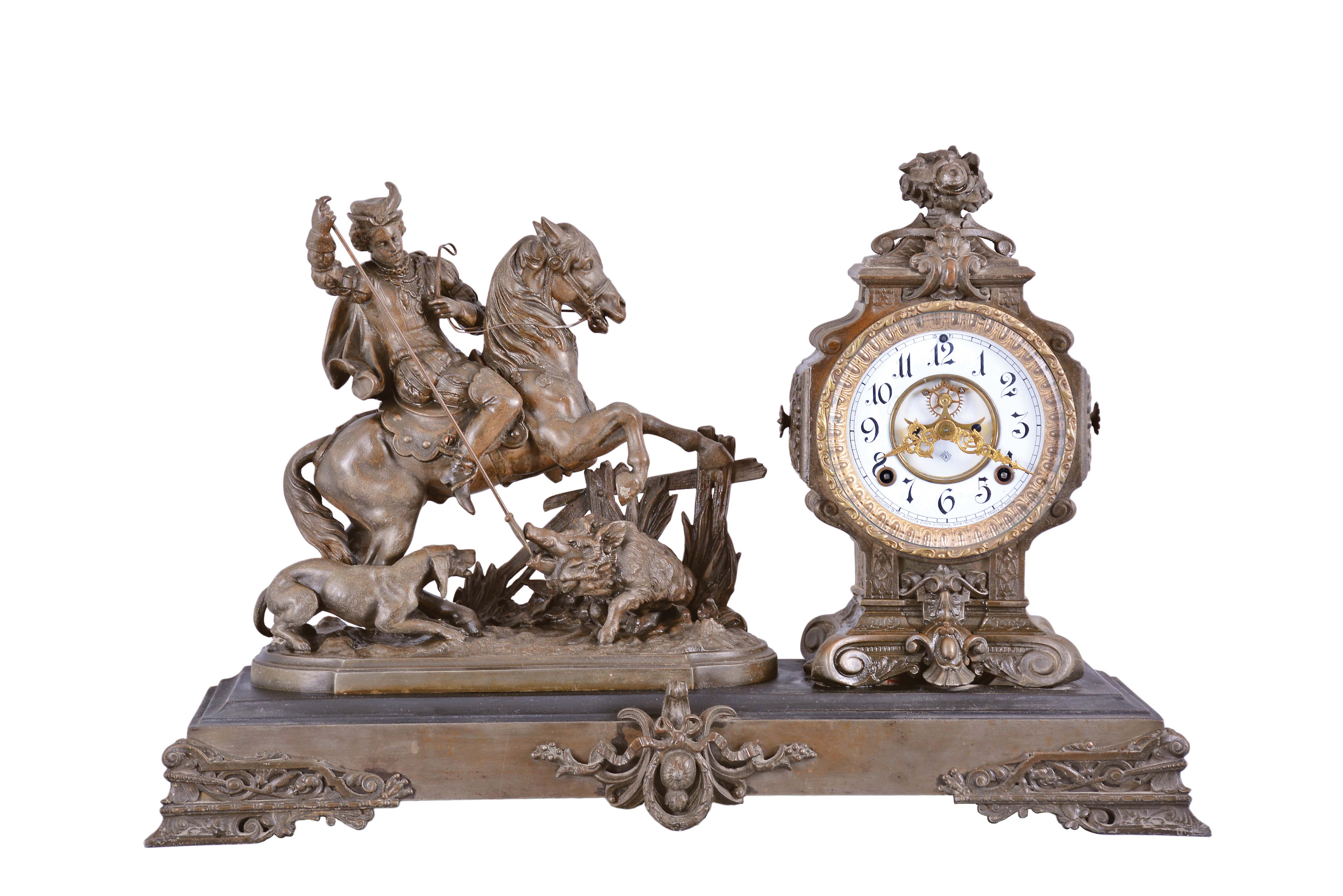 Ansonia Clock Co., New York, "Boar Hunter", 8 day, time and strike, spring brass movement mantel clock — Antique Clocks Price Guide