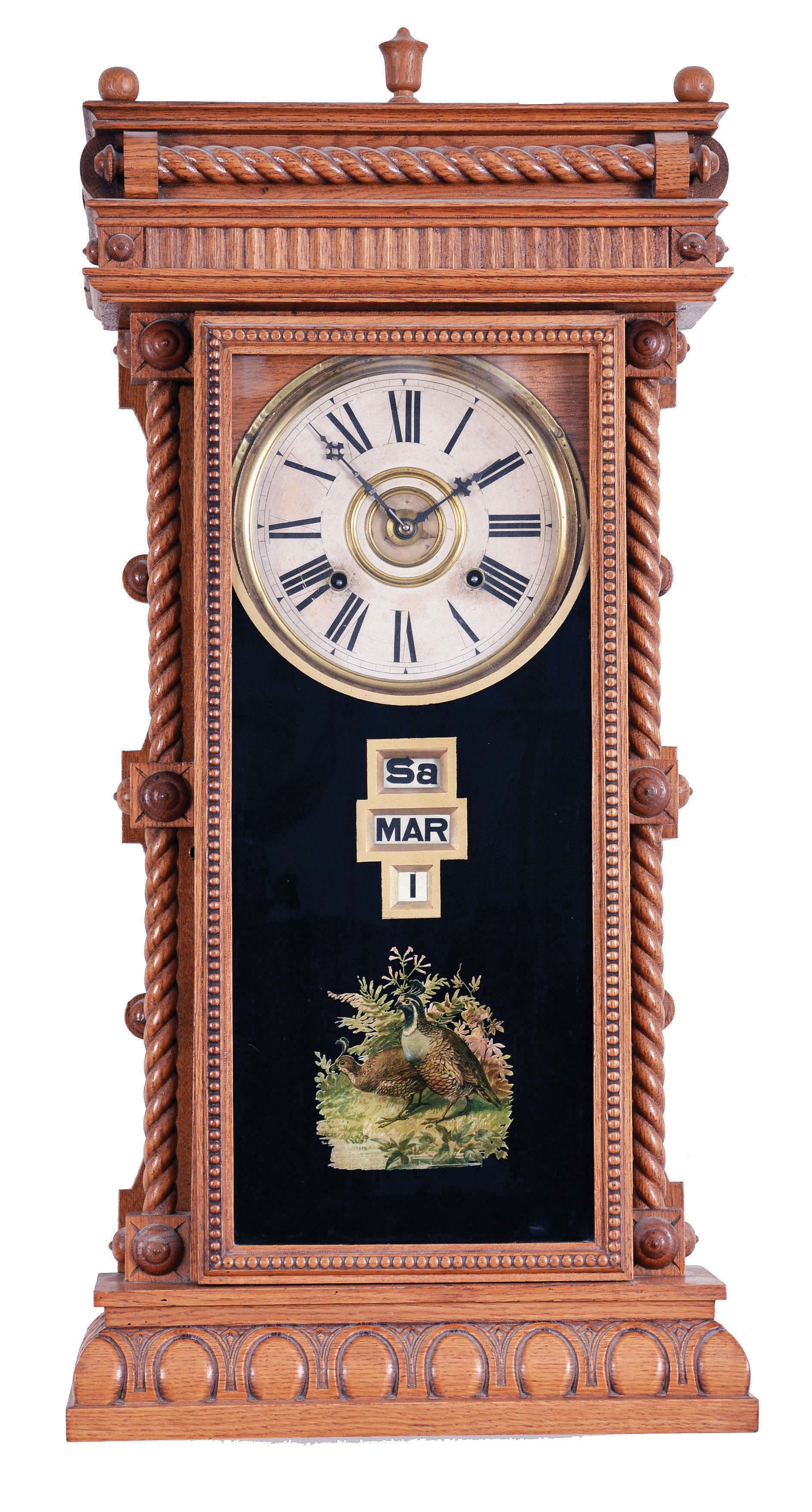 Wm. L. Gilbert Clock Co., Winsted, Conn., "Elberon", 8 day, time and strike, spring brass movement digital dial calendar clock. — Antique Clocks Price Guide