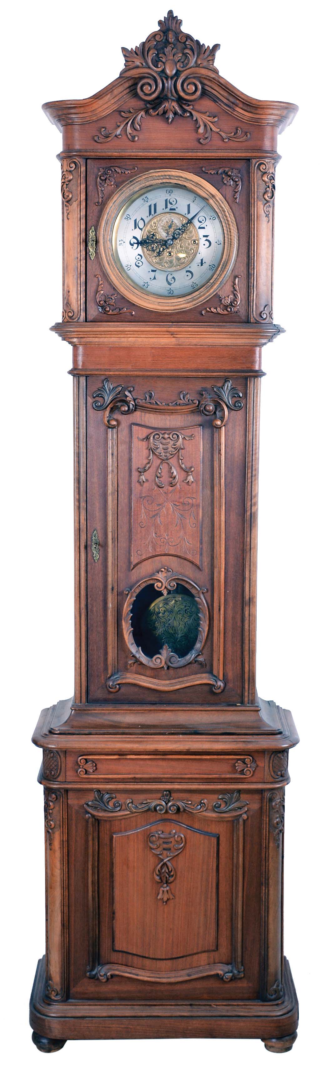 Germany or Austria, standing Viennese regulator, 8 day, time and grand sonnerie strike, three brass weight driven movement in a carved walnut two piece case with engraved silvered dial and engraved pendulum bob — Antique Clocks Price Guide