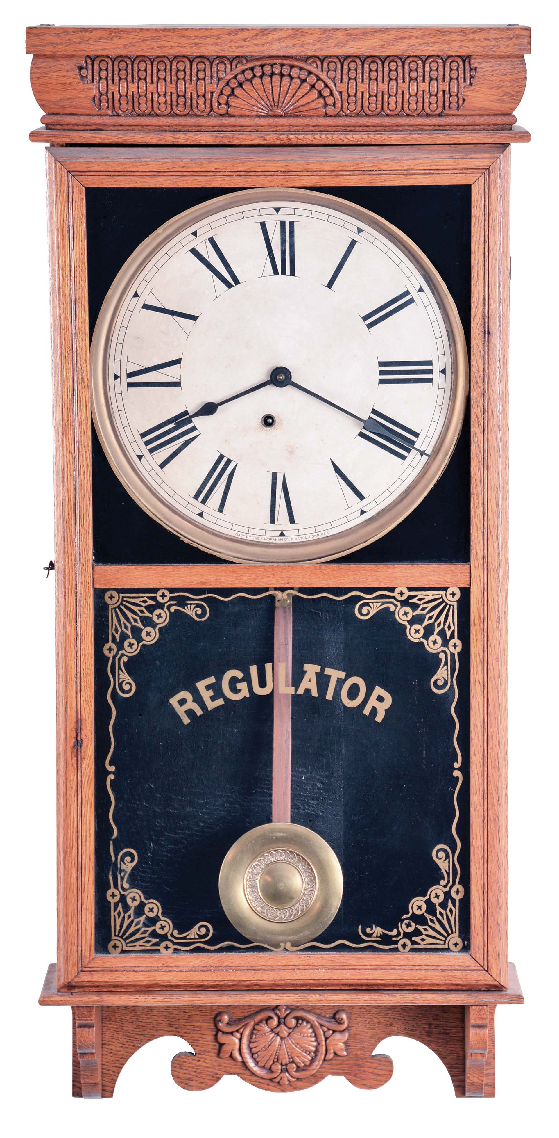 Clocks- 3 (Three) American wall clocks, 8 day, spring driven in oak cases: (1) Wm. L. Gilbert Clock Co. school house, time and strike; (2) Sessions Clock Co., store regulator, time only with calendar; (3) E. Ingraham & Co., store regulator, time only — Antique Clocks Price Guide
