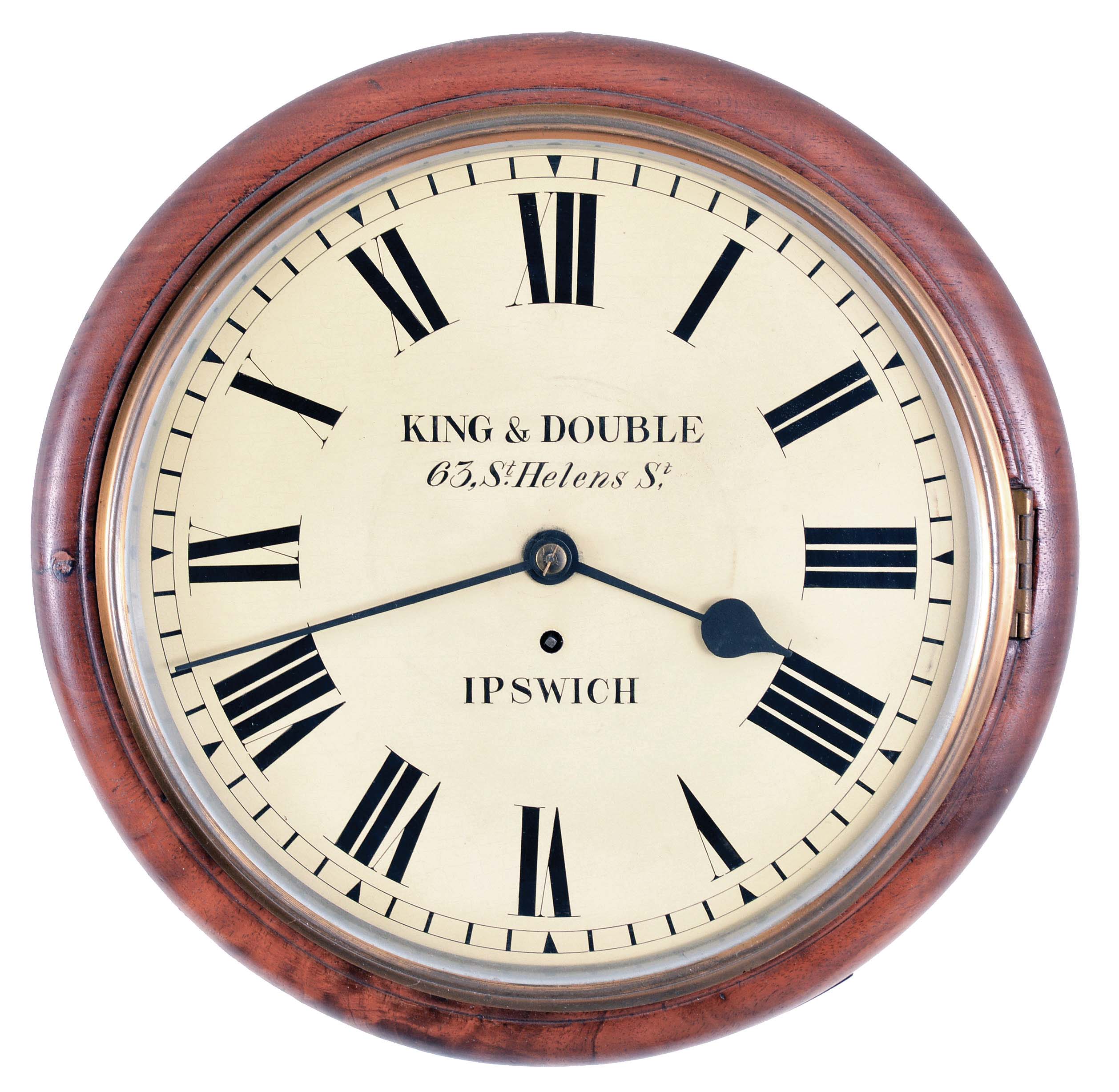 Clocks- 2 (Two) English Dial Clocks, the first with overall diameter 15 inches, mahogany dovetailed case with side and lower case access, the painted iron dial signed "King & Double/63 St. Helens St./Ipswich" with blued spade hands, eight day time only cable fusee spring movement with recoil escapement and brass pendulum, the last with overall diameter 19 inches, movement marked by Winterhalder & Hofmeier and hardwood molded surround, brass bezel, and signed on the painted iron roman numeral dial "J. Whiplech/Hollinwood" with blued spade hands, eight day time only gut fusee movement stamped "W&H/Sch" and box hardwood case with side and bottom access. — Antique Clocks Price Guide