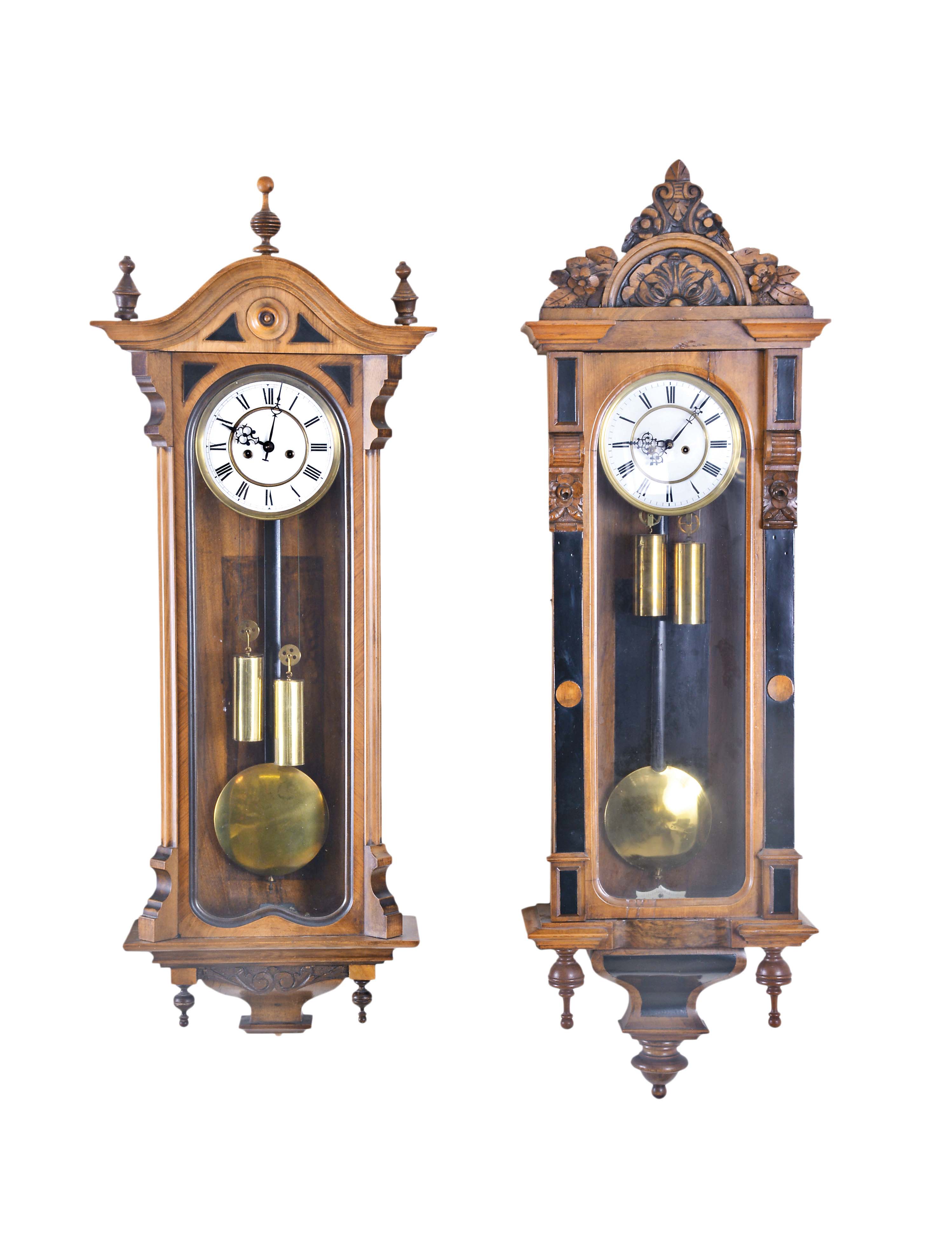 Clocks- 3 (Three) Vienna Regulator, double brass weight driven, time and strike: one in cherry with carved crest and ebony highlights, the other two in walnut — Antique Clocks Price Guide