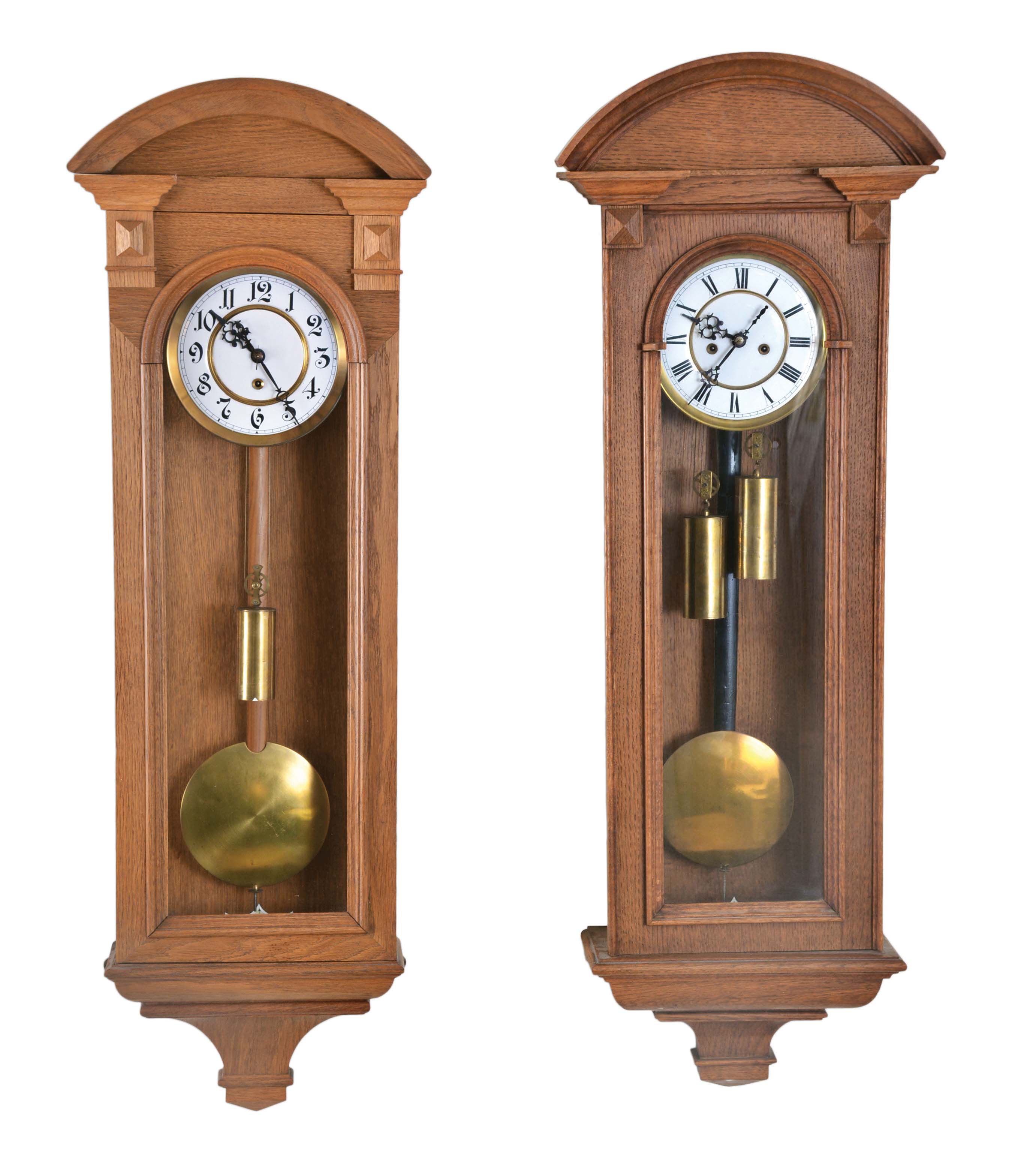 Clocks- 4 (Four) European wall clocks: (1) Fl. Heike? Goriz, Germany R/A spring driven in a walnut case; (2) French baker's clock with glass dial; (3) Vienna regulator time only, weight driven in an oak case; (4) Vienna regulator time and strike, weight driven in an oak case — Antique Clocks Price Guide