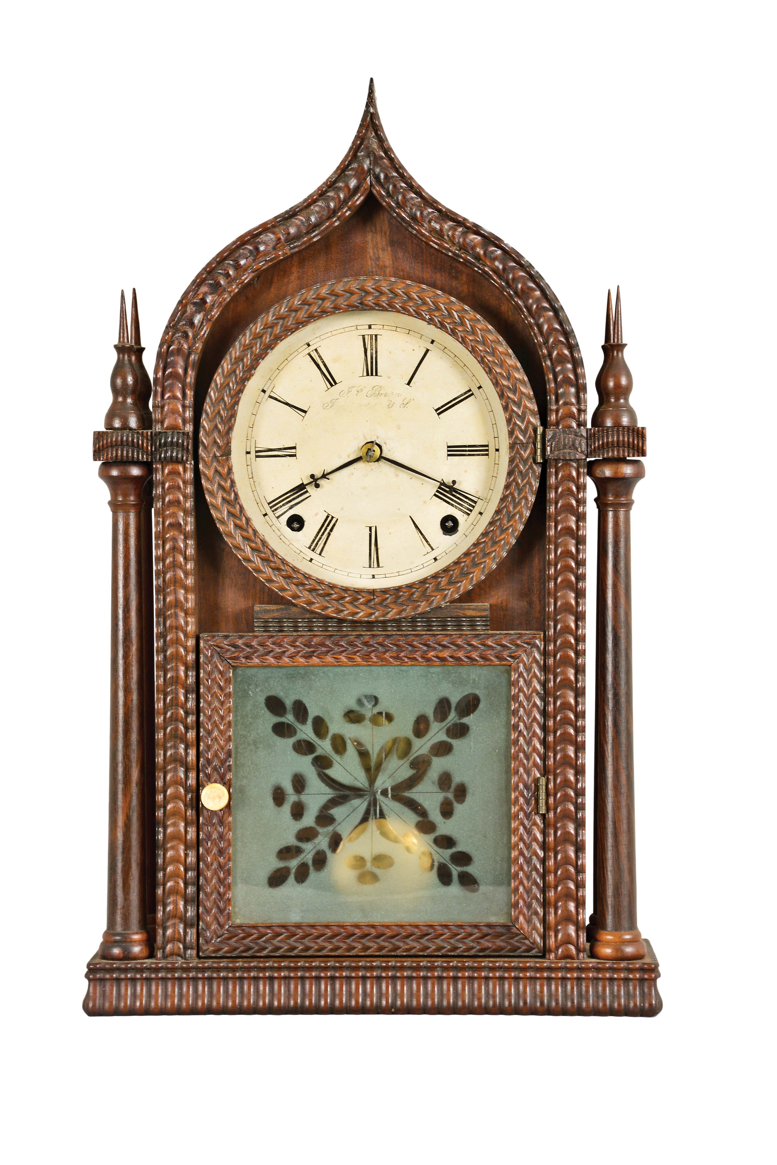 Forestville Mfg. Co., J. C. Brown, Bristol, Conn., 8 day, time and strike, spring brass movement four column round gothic or onion top ripple molding shelf clock. — Antique Clocks Price Guide