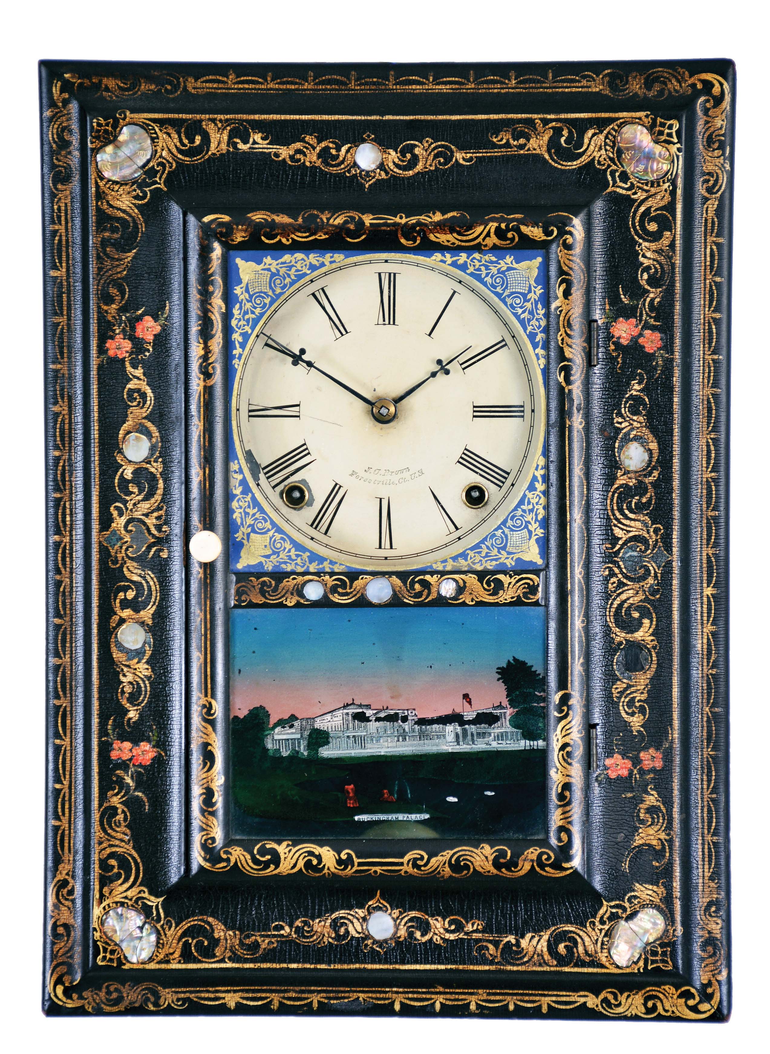 Forestville Mfg. Co., J. C. Brown, Bristol, Conn., 8 day, time and strike, spring brass movement OG form picture frame paper mache wall clock. — Antique Clocks Price Guide