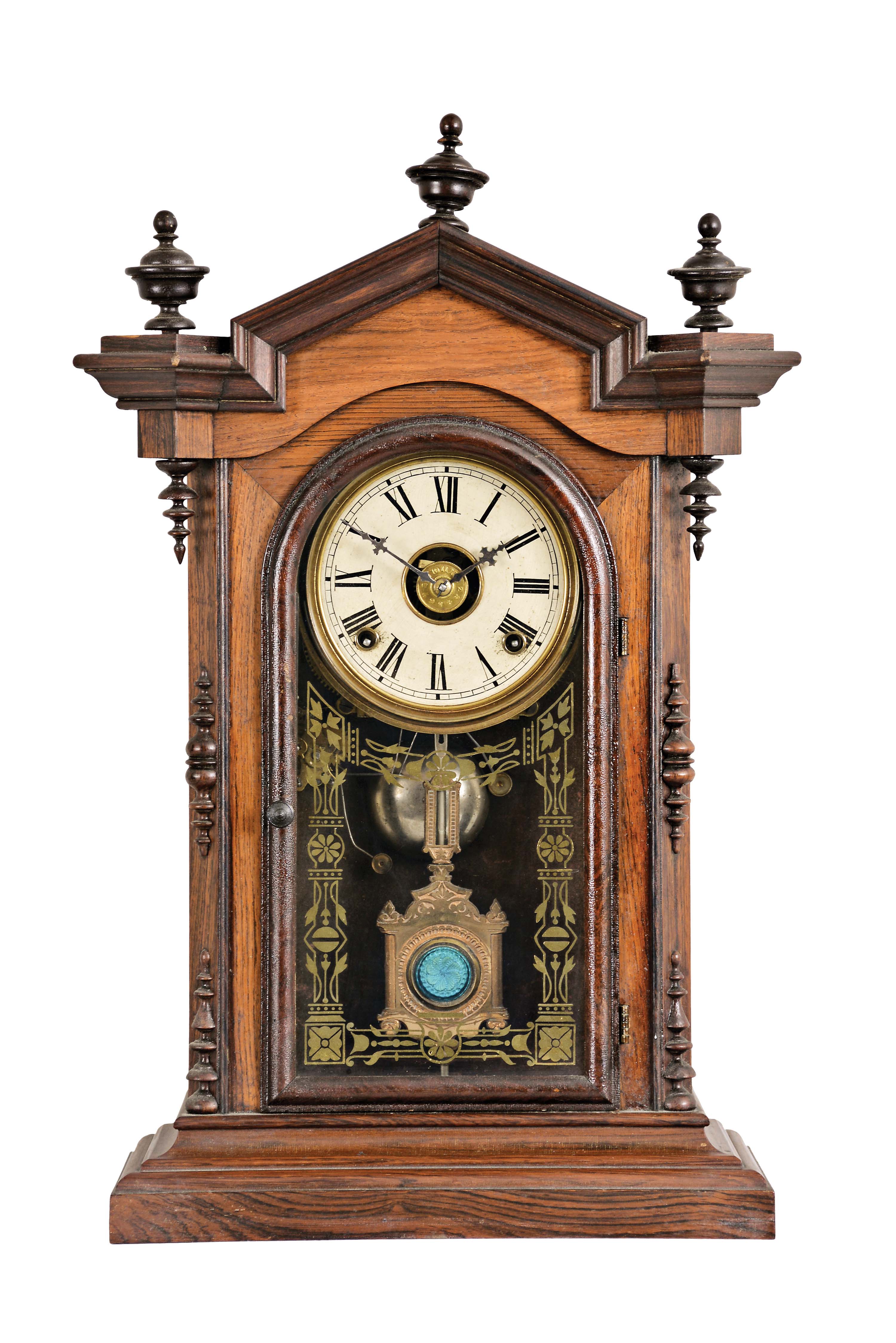 Welch, Spring & Co., Bristol, Conn., "Lucca V.P.", 8 day, time, strike and alarm brass spring movement shelf clock. — Antique Clocks Price Guide
