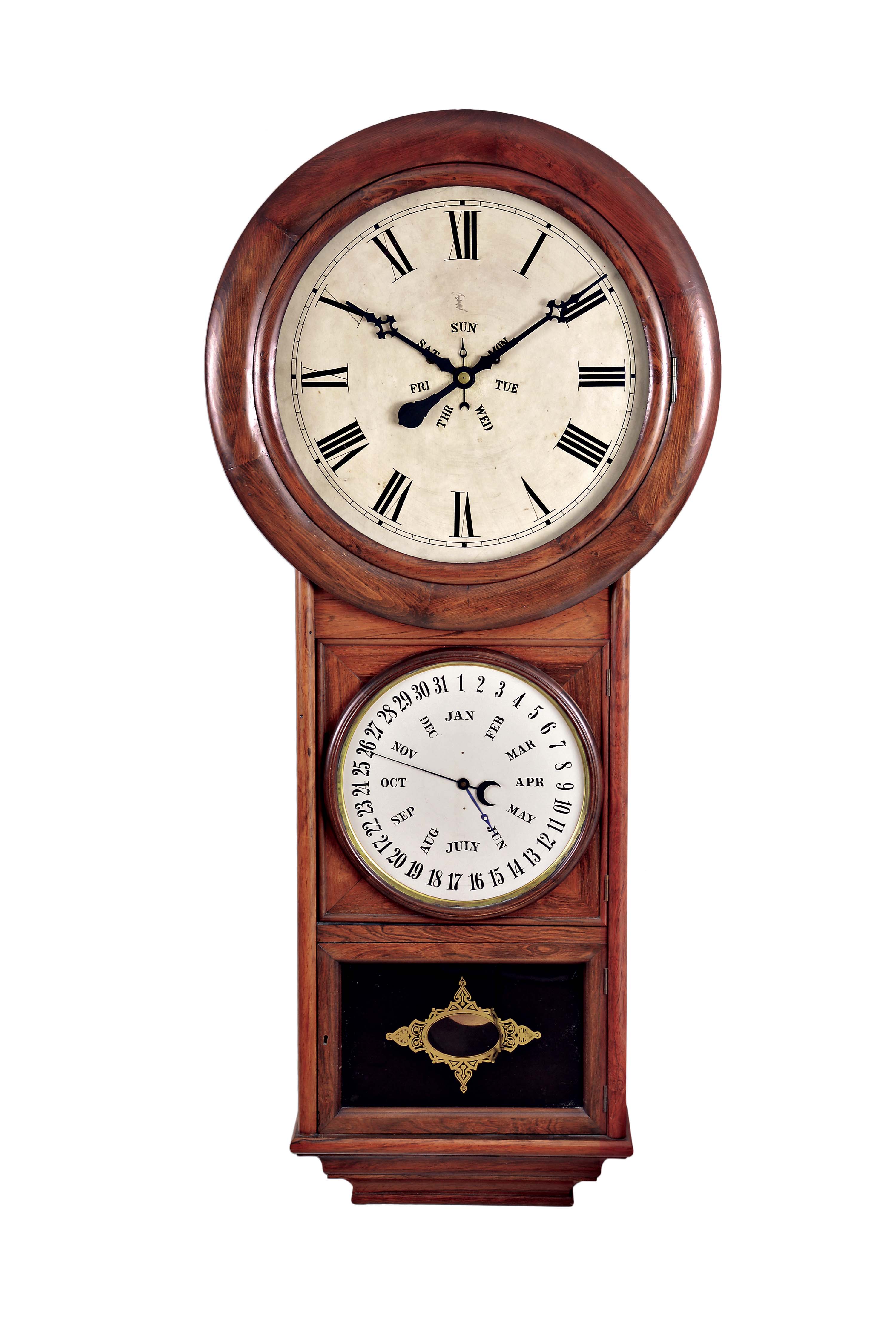 Welch, Spring & Co, Forestville, Conn.,. "Regulator Calendar No. 1", rosewood veneered case with 16-inch zinc roman numeral dial with center day of the week, blued steel maltese hands, the mid section with hinged door and B.B. Lewis enclosed perpetual calendar mechanism, the backboard in this section contains the original printed label reading in part..."Extra Eight-Day Perpetual Calendar Clocks...Manufactured by Welch, Spring and Co." and flocked paper dust cover, lower door with black and gold decorated tablet of Welch pattern, eight day, two weight, time-only, upside-down movement with recoil escapement and two cylindrical compounded iron weights, wooden pendulum rod and brass bob. — Antique Clocks Price Guide