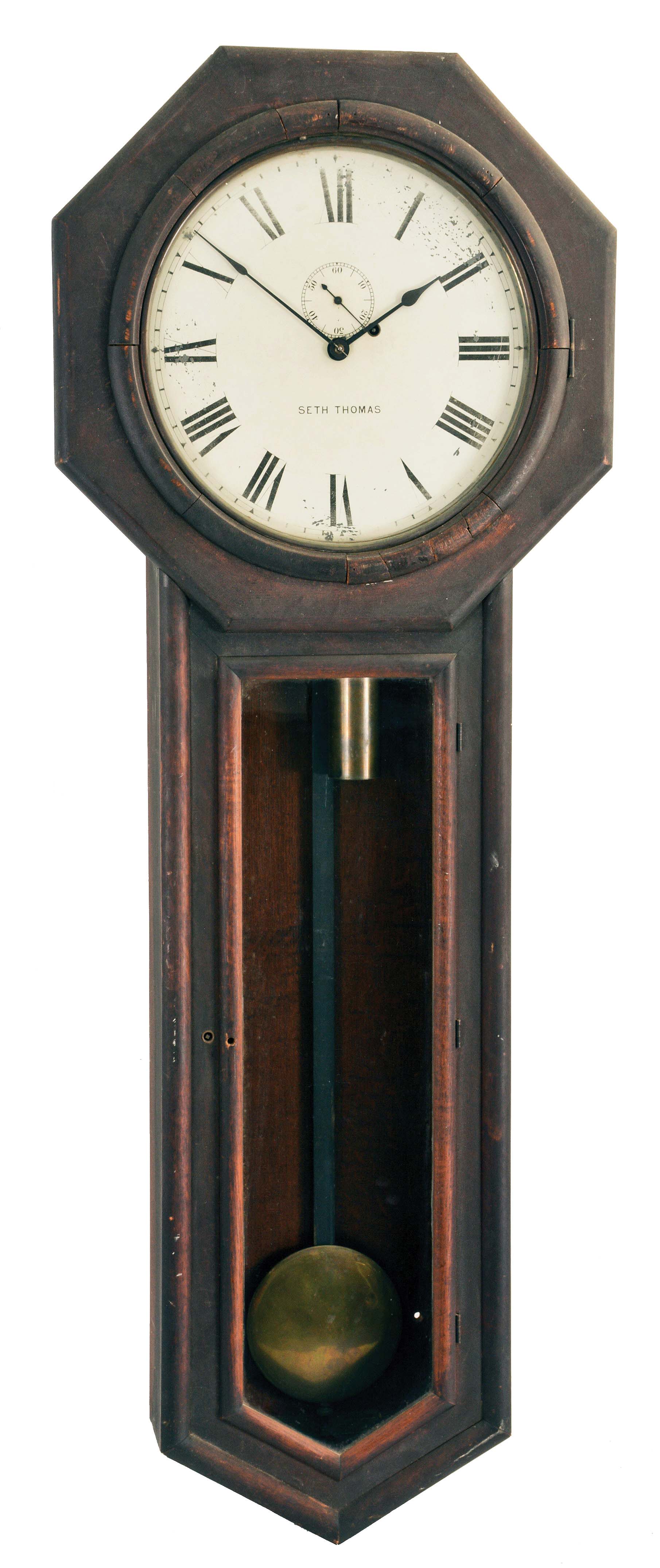 Seth Thomas Clock Co., Thomaston, Conn., "Regulator No. 18", 8 day, time only, oak long drop octagon weight driven wall clock — Antique Clocks Price Guide