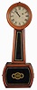 North Attleboro, Massachusetts "Banjo No. 5" Wall Clock with mahogany frames and tulip poplar carcass, roman numeral painted iron dial under a turned wooden bezel, half-round frames enclose black and gold glasses, eight day time only movement with recoil escapement, wooden pendulum rod, brass faced-bob and cast iron weight.