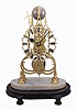 England, 3 spire Gothic frame, single chain fusee brass skeleton clock, with eight day, passing hour single bell strike, fretted roman numeral dial, all on a marble stand and wooden pedestal, lacking a dome.
