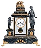 Marti Marble and Ormolu Figural Mantel Clock, Paris, with variegated marble, brass and beveled glass case, porcelain roman numeral dial, and marble plinths for Cupid and probably Aphrodite, the Greek goddess of love flanking a stepped top with ormolu trim and doves in a love nest at the top, all on a raised base with Putti on the facade and gargoyle feet, eight-day round French movement cast Marti emblem on the back plate, count-wheel hour and half hour strike on a bell and brass bob pendulum.