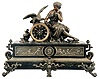 France, Figural Mantel Clock with Electric Movement, patinated Belgian slate case with brass and spelter figure and decoration, a seated young lady holding grapes and feeding a large raptor perched on top of the black and gold dial with roman numerals and gilt spade hands, the lower section of the case with classical puti facade centering on a goddess profile, all on feet of claw and ball feet and central bracket, the movement now with antiquated electric movement.