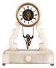 France, after Farcot, swinging doll clock, 8 days, time and strike, spring driven, visible movement, chaff-cutter escapement with two escape wheels in an alabaster case with white enamel chapter ring with Roman numerals.