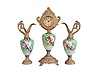 F. Kroeber Clock Co., New York, "China K457" 3 piece mantel garniture, clock and matching ewers, 30 hour, time only, spring driven lever escapement mounted on green porcelain with floral motif supported and topped by cast spelter parts with finish simulating old bronze with verdigris.