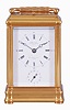 Leroy & Fils, Paris, a good, Gorge cased hour repeating carriage clock with alarm, gilt, glazed case with carrying handle, signed Roman numeral white enamel dial, bearing the firms addresses in Paris and London, blued steel Breguet style hands, 8 day time, strike and alarm movement with lever platform, and repeating the last hour on demand, the back plate marked "Repassee par Leroy & Fils Palais Royal 13 & 15, Paris", and also with the mark of Drocourt, serial #8909