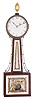 Ansel Turner, Roxbury, Massachusetts, mahogany patent timepiece or "banjo" clock, No. 27, with gilded acorn final over the brass bezel and painted iron arabic numeral dial, the waist section, flanked by brass side ornaments, the cross banded frame containing a reverse-painted glass with gilt leafage and cross hatching on a salmon ground, the box door also with cross-banded frame, housing a reverse-painted glass marked "S. Willard's Patent" and "E Pluribus Unum" shown on banners held by the American eagle and Lady Liberty, with staff and the Liberty Cap, all leaning on the remains of the globe with latitude and longitude markings and with aperture for viewing pendulum, eight day timepiece movement with t bridge suspension, step train, and recoil escapement, powered by a lead weight and regulated by a brass faced pendulum bob and steel rod, the back side of the back plate is inscribed "A Turner/ No. 27 1809".