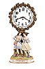 French Figural Bedside Night Clock with arabic numeral glass dial and diamond-shaped steel hands enclosed within a cast brass flower and fruit garland bezel and stand supporting a single candle holder at the back, two bisque young lady figures standing in joyful bliss in the flower garden all on a porcelain and gold decorated stand, one-day French movement with tic-tac escapement and watch winding key.