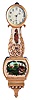 Gilded Lyre Timepiece marked "N, H. Brown", with arabic numerals, gilded bezel, carved and gilded lyre section, swelled side base and gilded pedestal below, eight day time only movement stamped "N. H. Brown" powered by a lead weight and regulated by a wooden pendulum rod and brass faced bob.