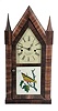 Brewster & Ingrahams, Bristol, Conn., "Sharp Gothic" shelf clock with a spring driven 30 hour time and strike fusee movement in a mahogany veneered case.