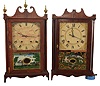 Clocks- 2 (Two): (1) Ephraim Downs, Bristol, Conn., 30 hour, time and strike, weight wood movement pillar & scroll shelf clock; (2) E. Terry & Sons, Plymouth, Conn. 30 hour, time and strike, weight wood movement pillar & scroll shelf clock.