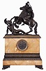 France, marble and bronze, a large and monumental depiction of Joan of Arc (battle c1430) with axe in hand, ready to strike a male warrior with his shield held in defense. With a good bell strike movement w/ silk thread suspension (adjust above dial) silvered dial and moon hands.