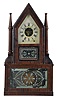 Birge & Fuller, Bristol, Conn., steeple on frame shelf clock with candle finials with a spring driven, 8 day fusee time and strike movement in a mahogany veneered case.