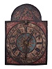 Italian, dial or shield clock, painted iron roman numeral dial, front hung cow's tail pendulum (lacking bob), one day duration posted iron frame movement with crown wheel and verge escapement, countwheel bell strike, rope drive.