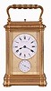 Drocourt, Paris, for Hamann & Koch, New York, an impressive, Gorge cased, grand sonnerie striking giant carriage clock, the massive gilt case with bevelled glasses, the top glass with engine turned mask with an oval aperture for viewing the escapement, Roman numeral white enamel dial also with gilt, engine turned mask, blued steel spade hands, 8 day time, strike, and alarm movement with large lever platform and cut, bimetallic balance, sounding grand or petit quarters in passing, and repeating the last hour and quarter on demand, the front plate marked "H.L.", gong bases marked "F.D." within an oval, serial #1813