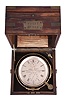 James Pyott, 7 Jamaica Terrace, London, a good two day marine chronometer with original box, 11 jewel, free sprung fusee movement with Earnshaw's spring detent, the Z balance with Poole's auxiliary compensation, blued, helical spring, and diamond endstone, Roman numeral silvered dial with wind indicator, gold spade and poker hands, contained in a lacquered brass bowl with gimbals, and mounted in a rosewood and rosewood veneer box with brass furniture, and brass plaque engraved "Pyott No. 389", the box also with the label of James Murray, Watch Clock, and Chronometer Maker, Calcutta