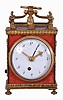 Switzerland, a Pendule d'Officer style travel clock, the dovetailed wooden case with underpainted horn veneer, gilt brass gallery with turned finials, cyma curved arms supporting a molded tassel below an Ouroboros form handle, gilt waterleaf cornice, gilt beaded and molded base on turned feet, and gilt rope molding framing lattice panels on sides and back, gilt bezel with convex glass, Arabic numeral white enamel dial, original pierced and engraved gilt hands, movement of two to three day duration, with Sully variant two plane escapement, with time, grand sonnerie strike on demand, and alarm functions, the strike and alarm trains wound by cords