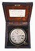 Richard Hornby and Son, Liverpool, a two day marine chronometer unusual balance and spring, 11 jewel, free sprung fusee movement with Earnshaw's spring detent, uncut monometallic balance with quarter screws and four cylindrical, adjustable weights and white helical balance spring, Roman numeral silvered dial with wind indicator, blued steel spade and poker hands, contained in a lacquered brass bowl with gimbals, and mounted in a mahogany and mahogany veneer box with brass furniture, serial #1341, and also with labels of Francis Moore, Chronometer and Watch Maker, Belfast, and F. Rotig, Havre